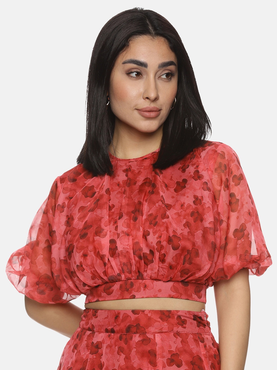 

ISU Floral Print Batwing Sleeve Cropped Blouson Top, Red