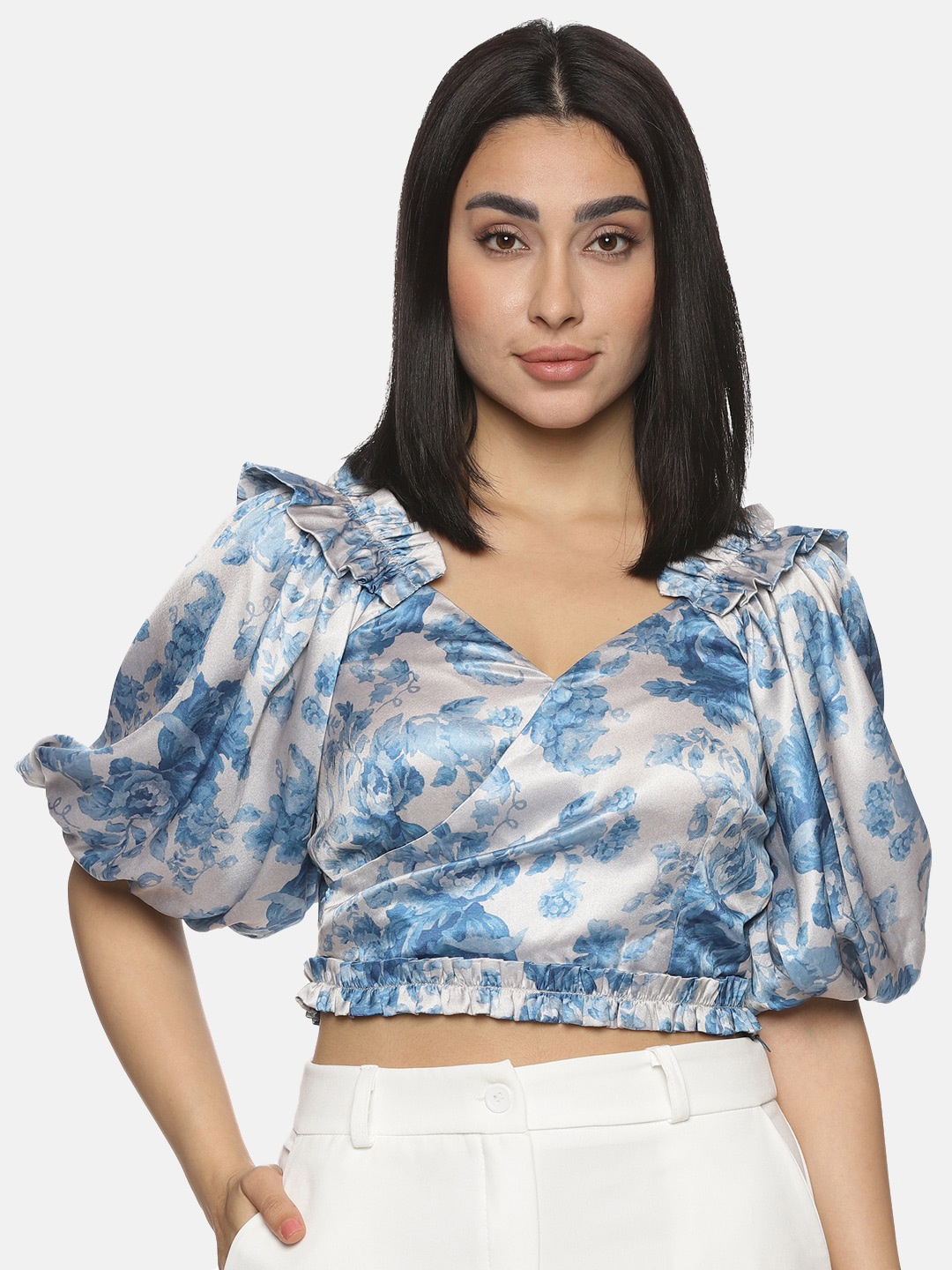 

ISU Floral Printed Puff Sleeve Satin Wrap Crop Top, Grey