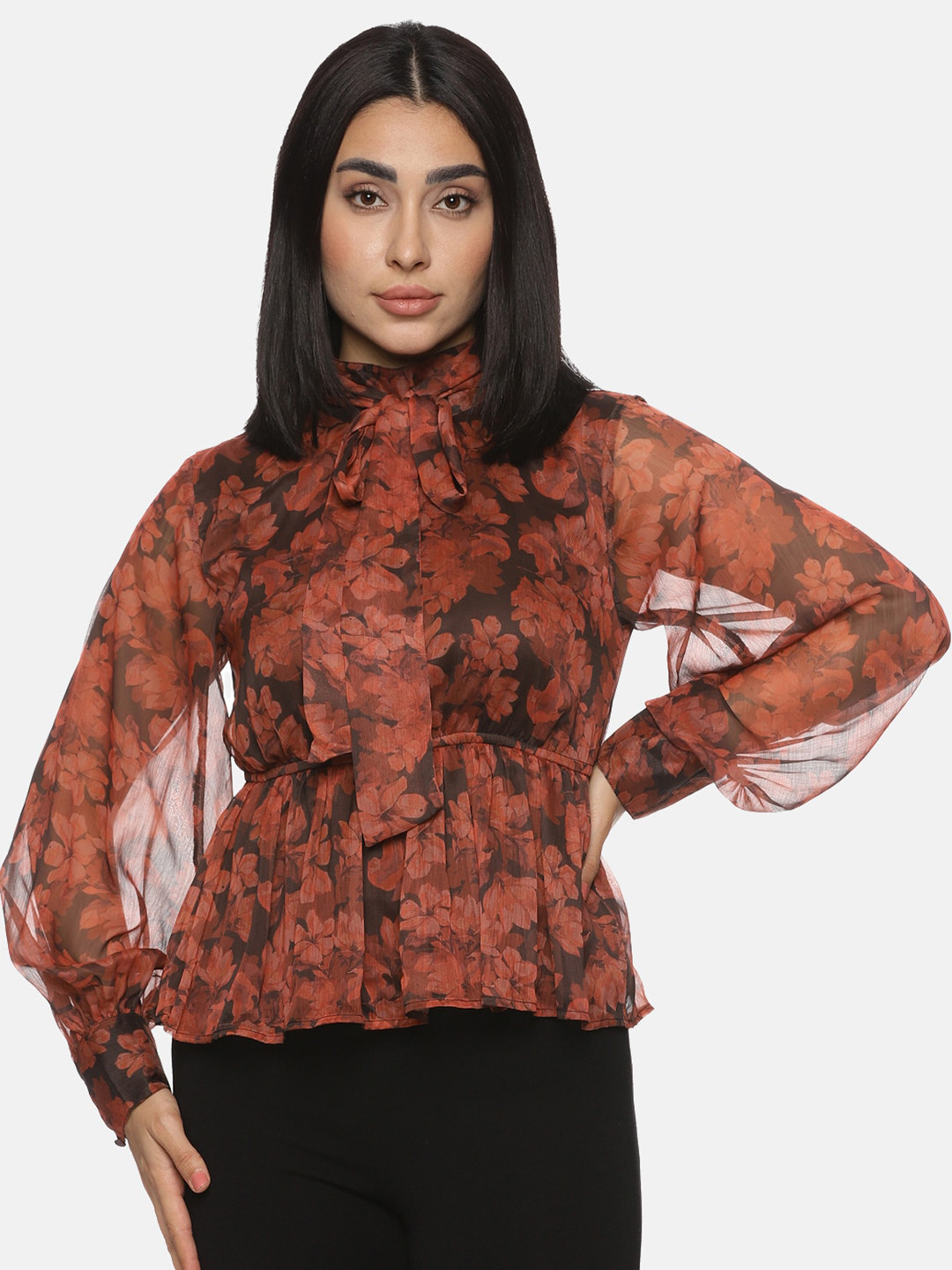 

ISU Brown Floral Print Tie-Up Neck Cuffed Sleeves Cinched Waist Top