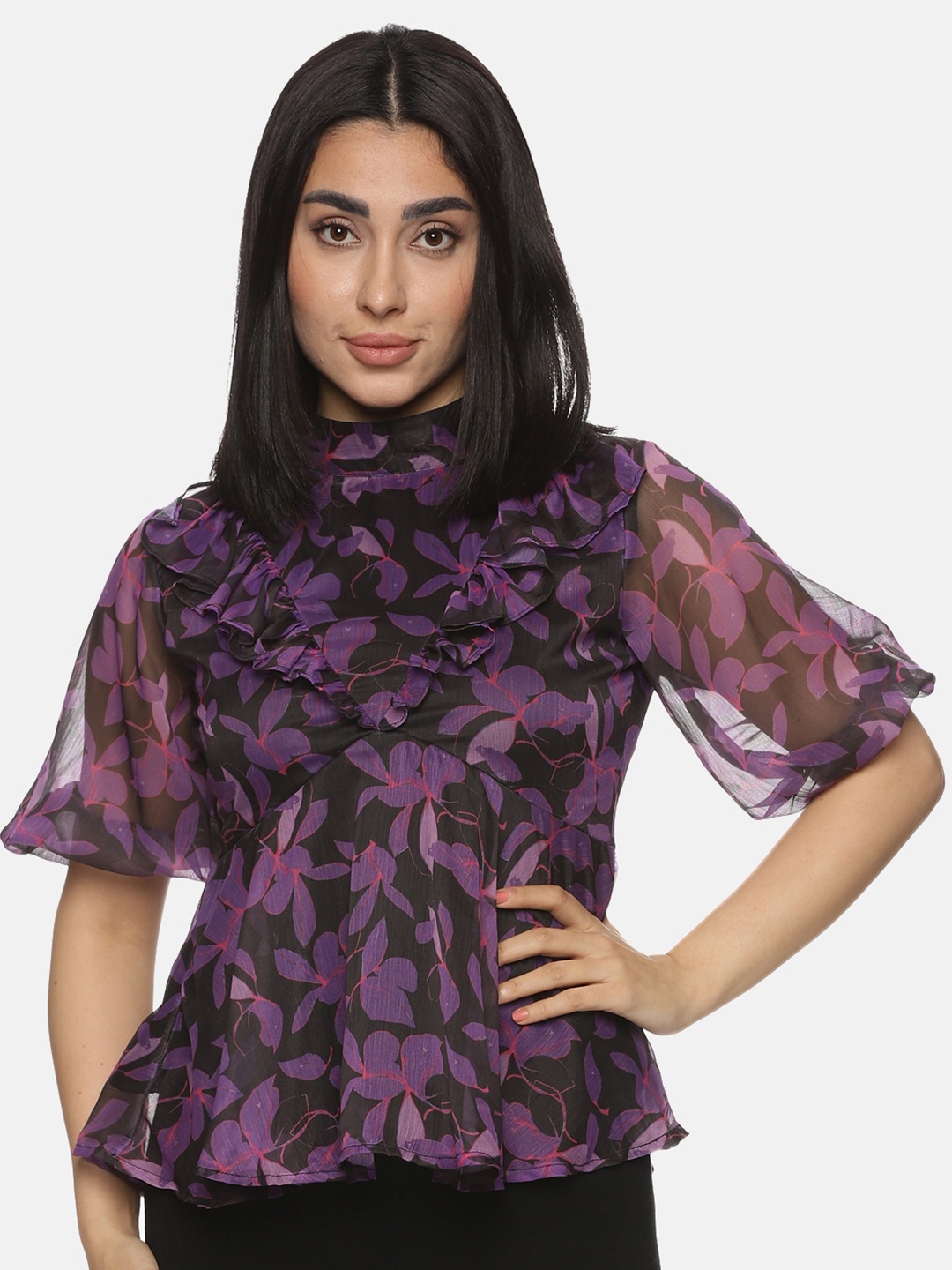 

ISU Floral Printed Chiffon Peplum Top, Purple