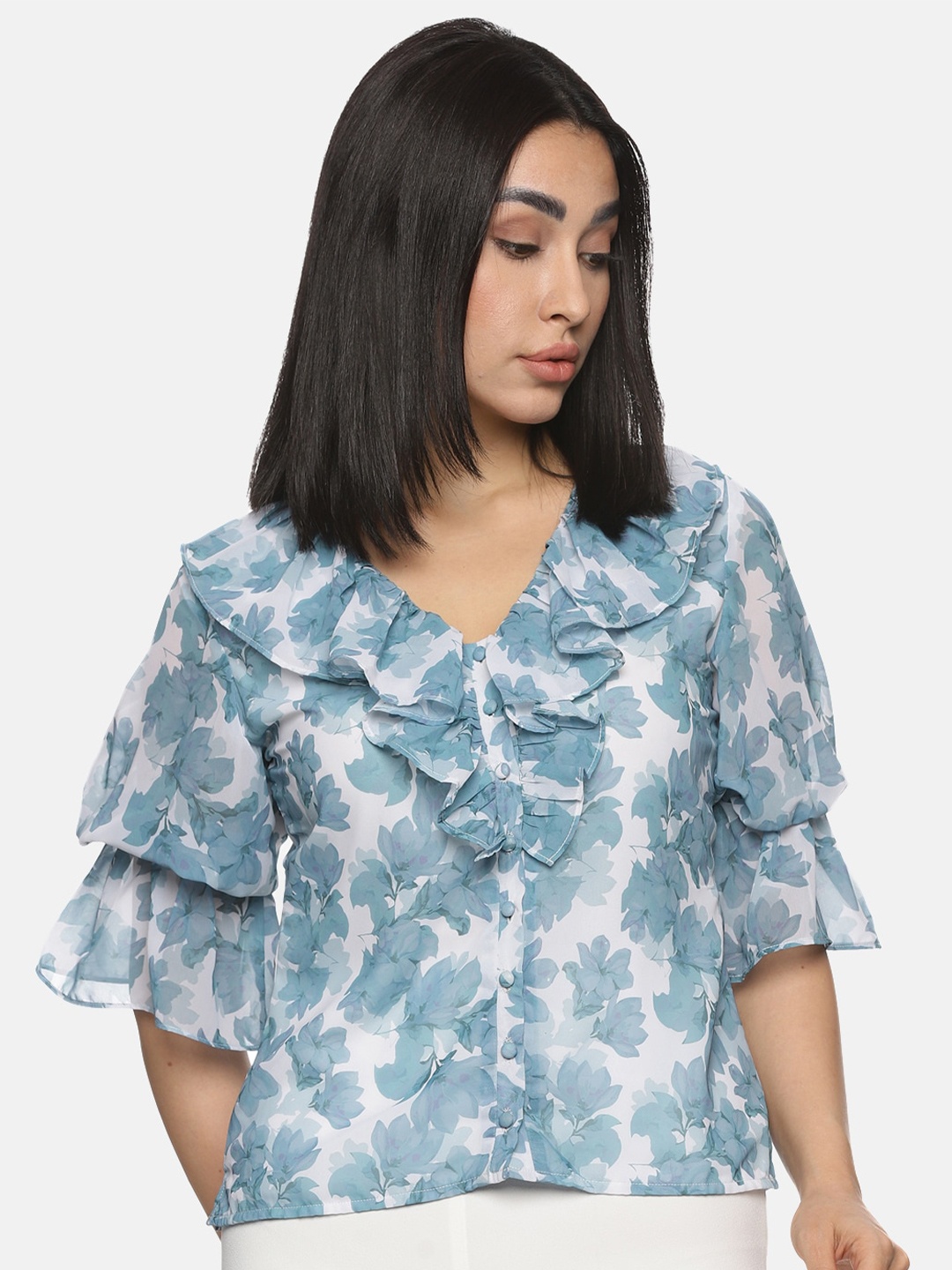 

ISU Floral Printed Bell Sleeve Ruffle Georgette Top, Grey