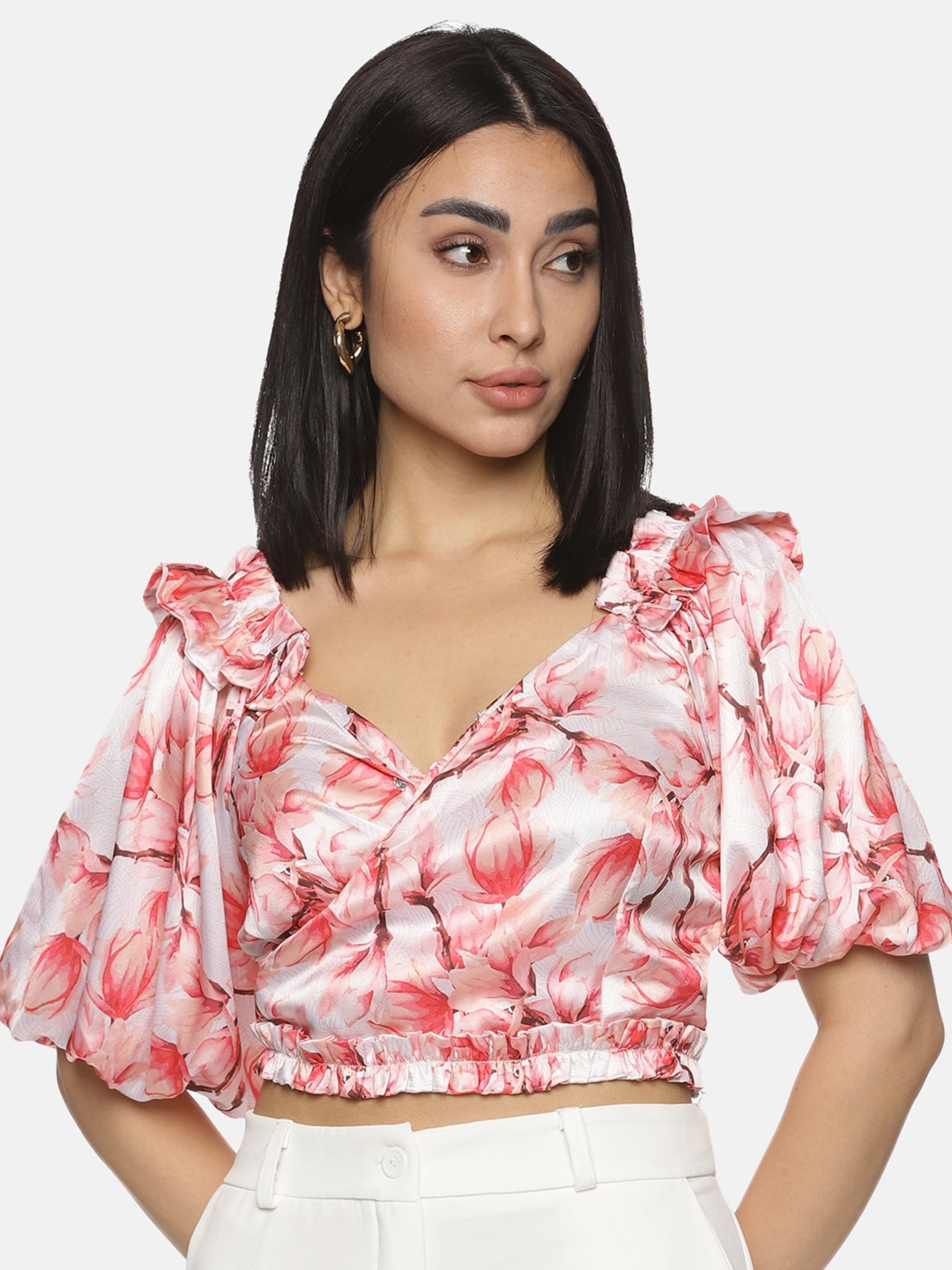 

ISU Pink Floral Printed V-Neck Puff Sleeve Satin Cropped Top