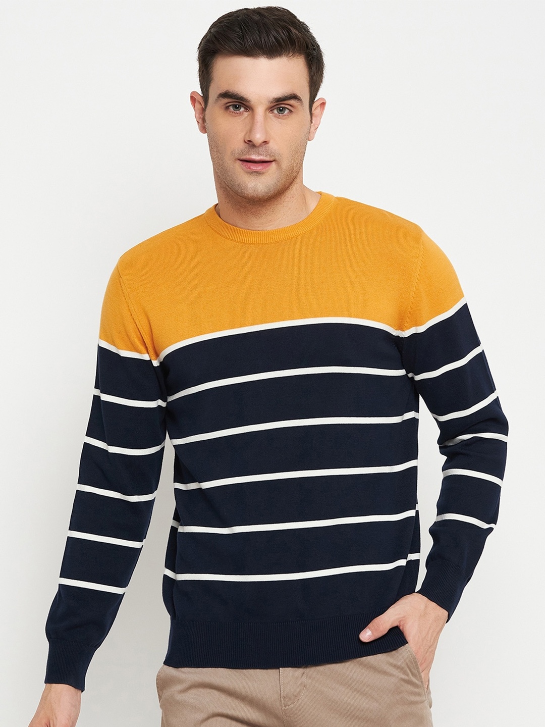 

Cantabil Striped Round Neck Cotton Pullover, Navy blue