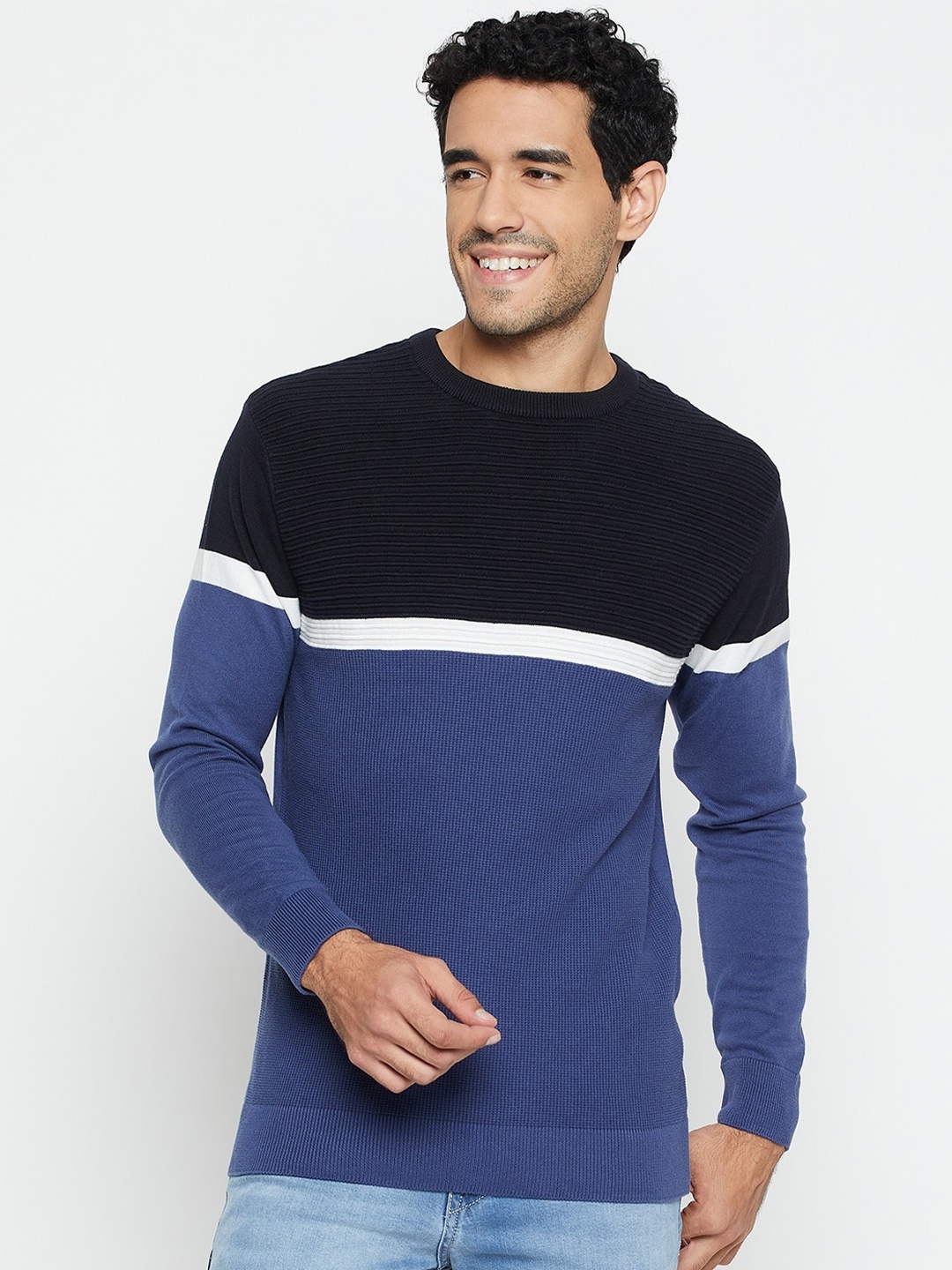 

Cantabil Colourblocked Cotton Pullover Sweater, Navy blue