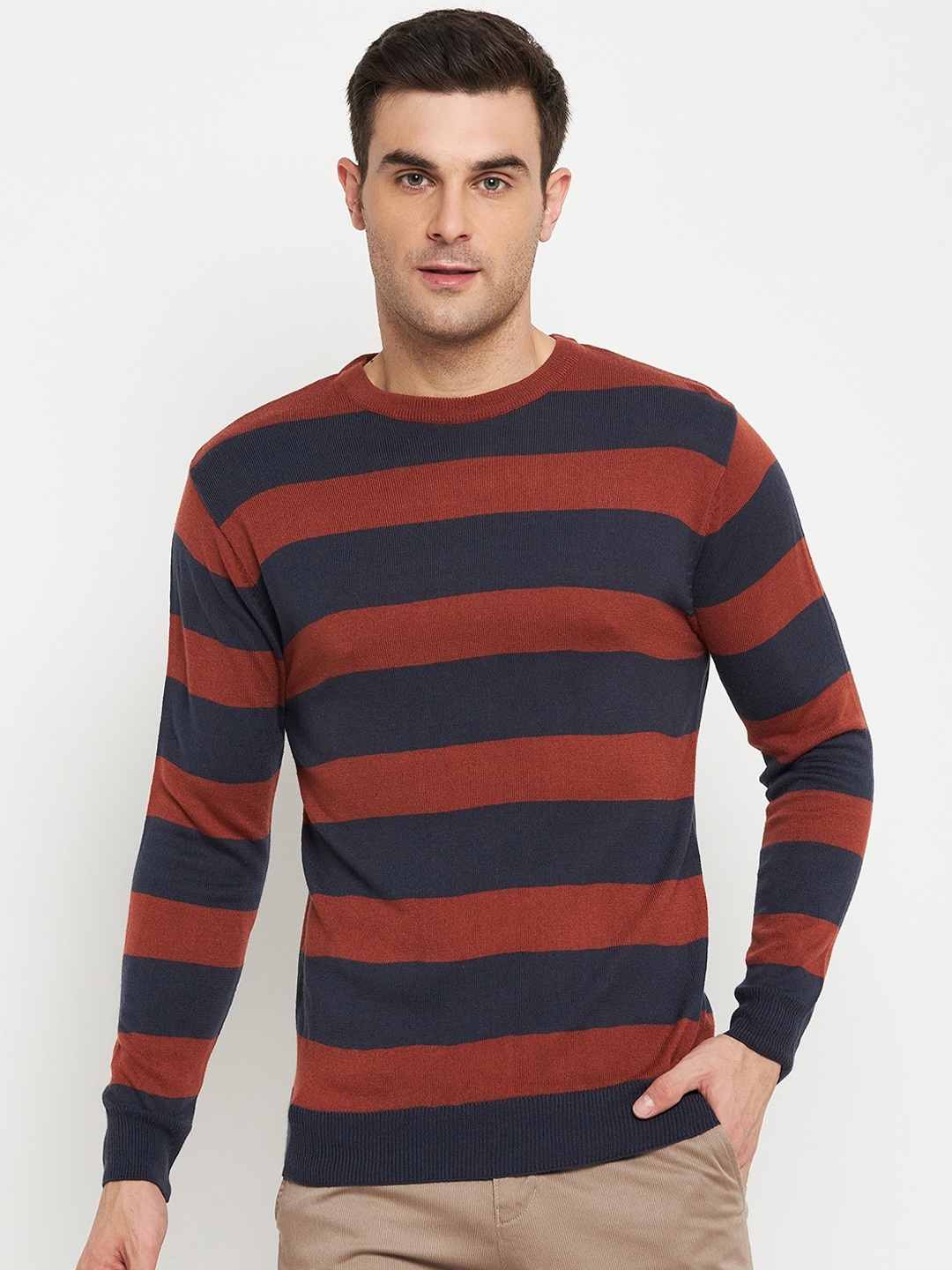 

Cantabil Striped Round Neck Acrylic Pullover, Rust