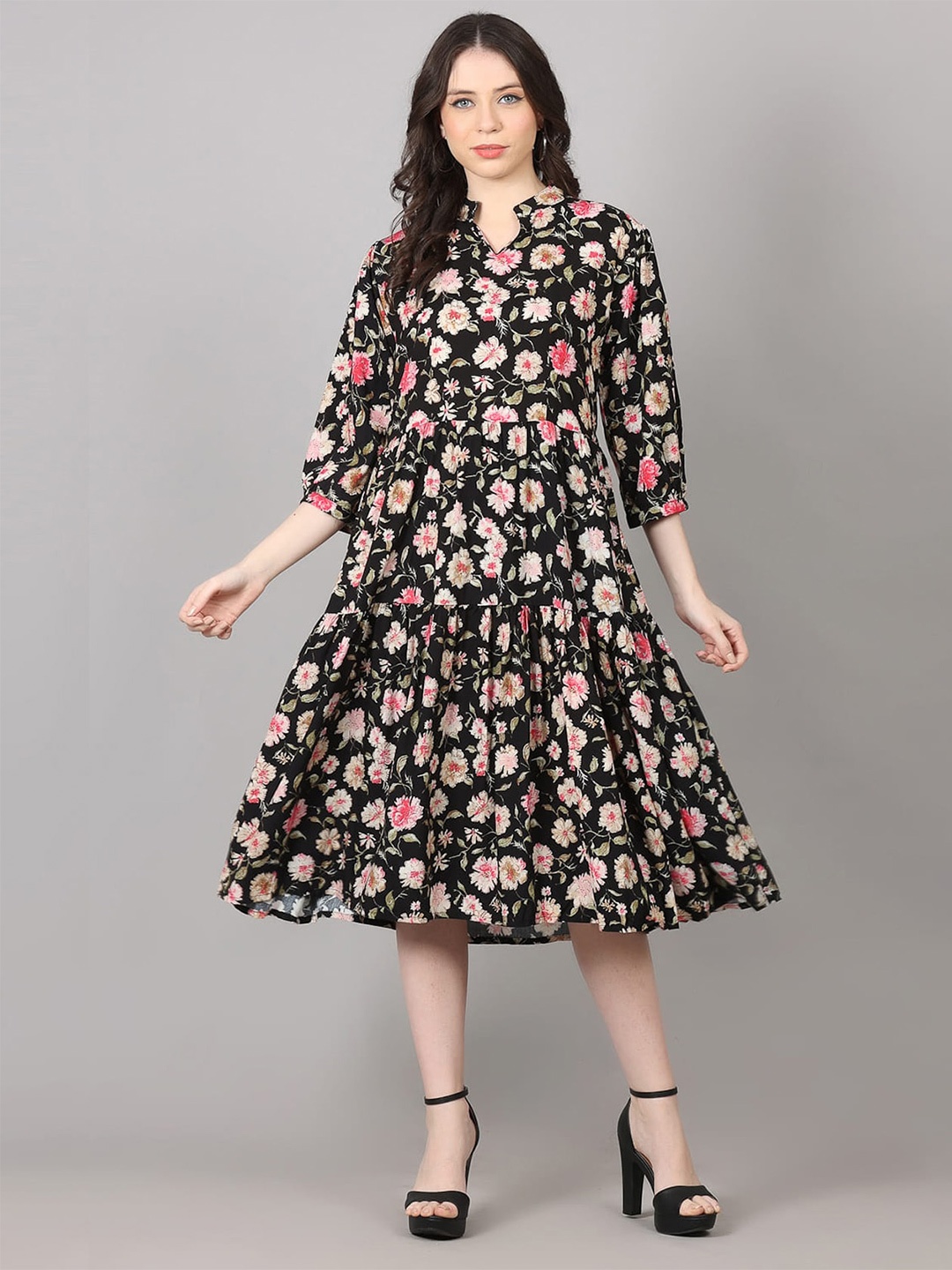 

pinfit Floral Printed A-Line Cotton Midi Dress, Black