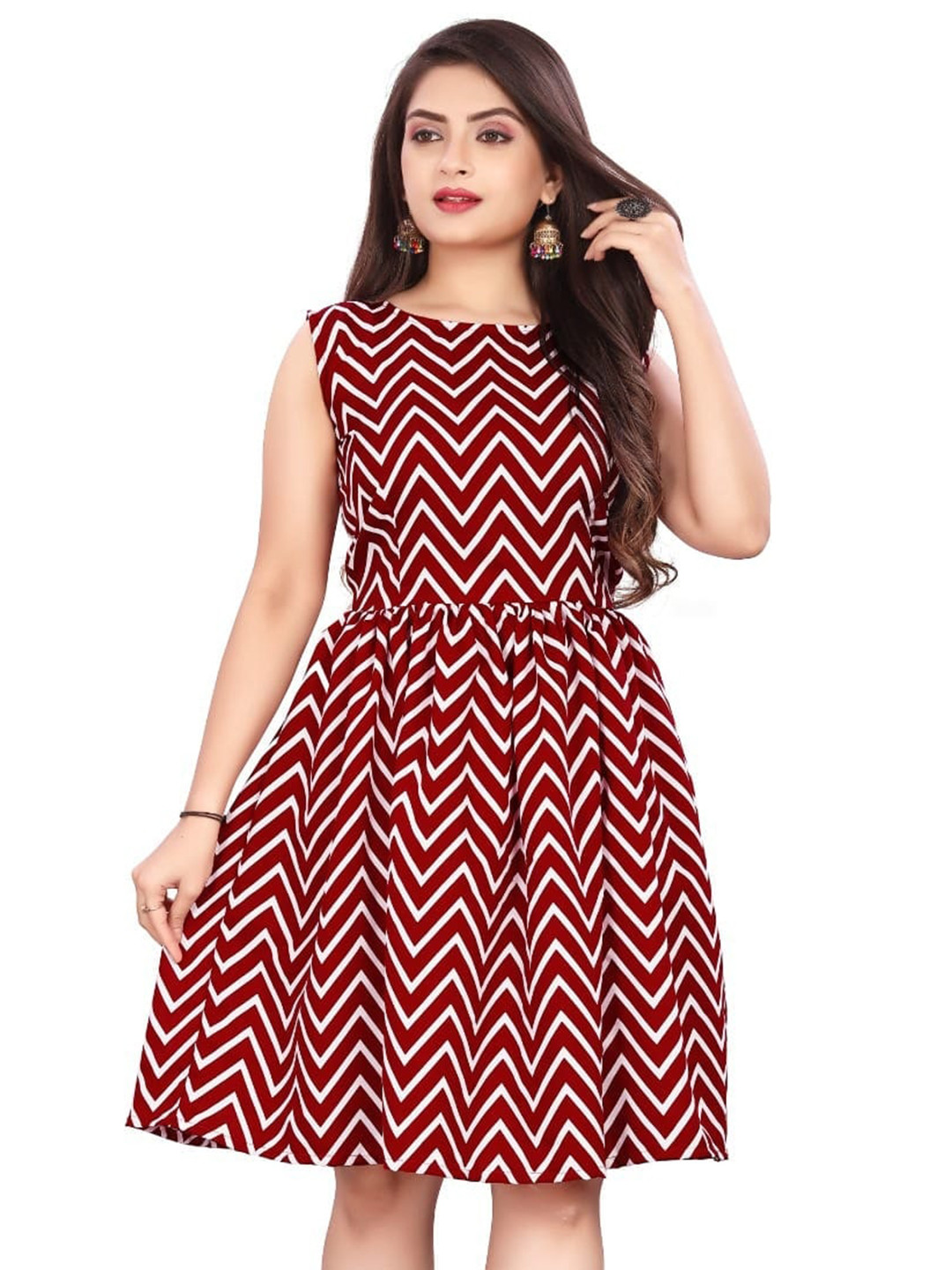 

APNISHA Chevron Printed Gathered Fit & Flare Dress, Red