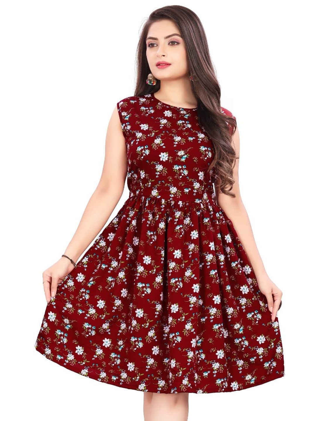 

APNISHA Floral Printed Gathered Fit & Flare Dress, Maroon