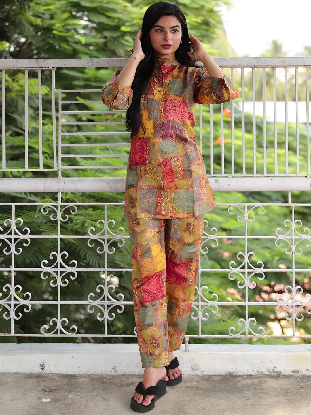 

BAESD Printed Band Collar Tunic With Trousers, Orange