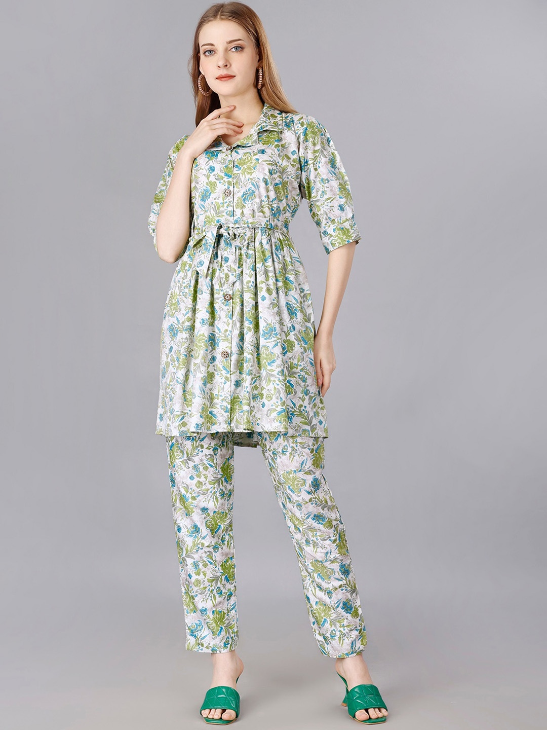 

BAESD Floral Printed Notched Lapel Collar Tunic & Trouser With Belt, Green