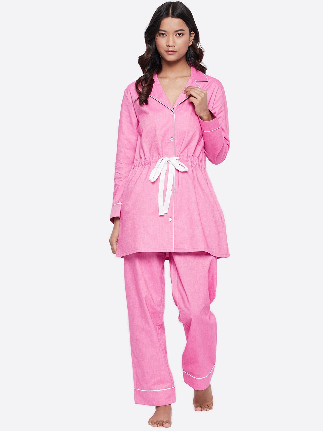 

CHILL WINSTON Lapel Collar Pure Cotton Shirt And Trousers, Pink