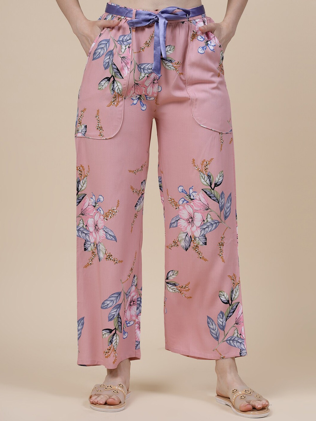 

Sweet Dreams Women Floral Printed Mid-Rise Flared Lounge Pants, Pink