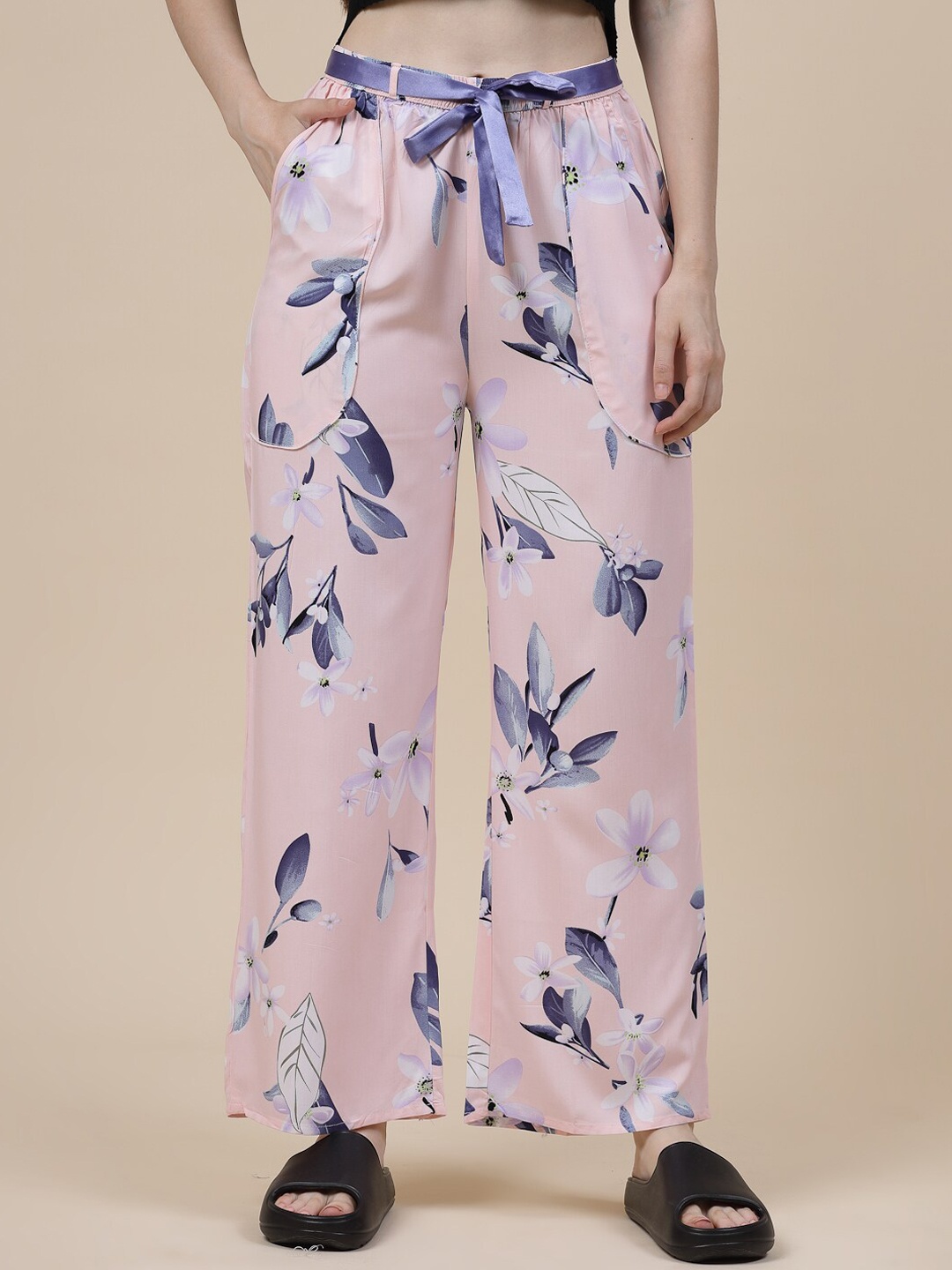 

Sweet Dreams Women Floral Printed Mid-Rise Flared Lounge Pants, Peach