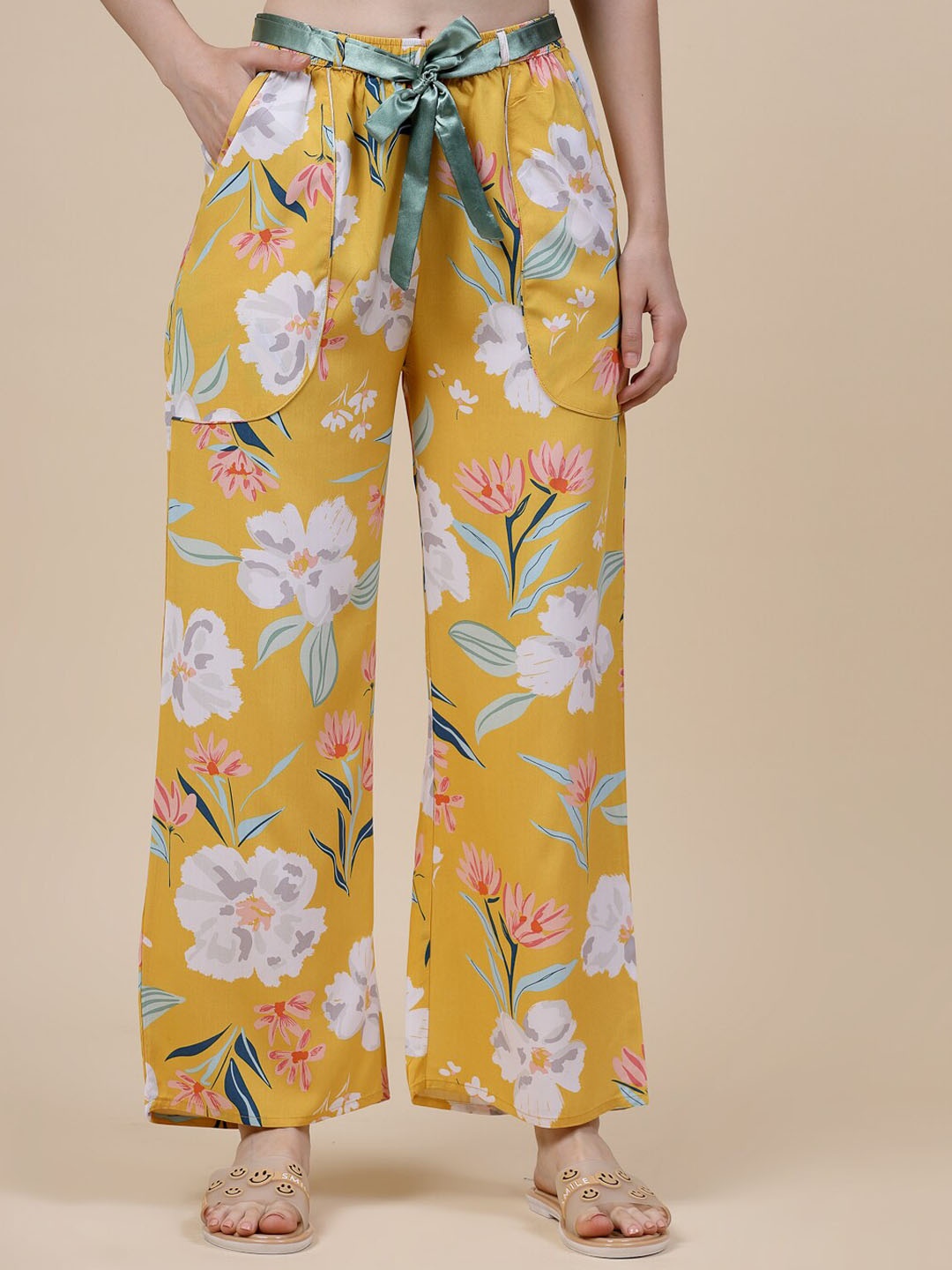 

Sweet Dreams Women Floral Printed Mid-Rise Flared Lounge Pants, Mustard