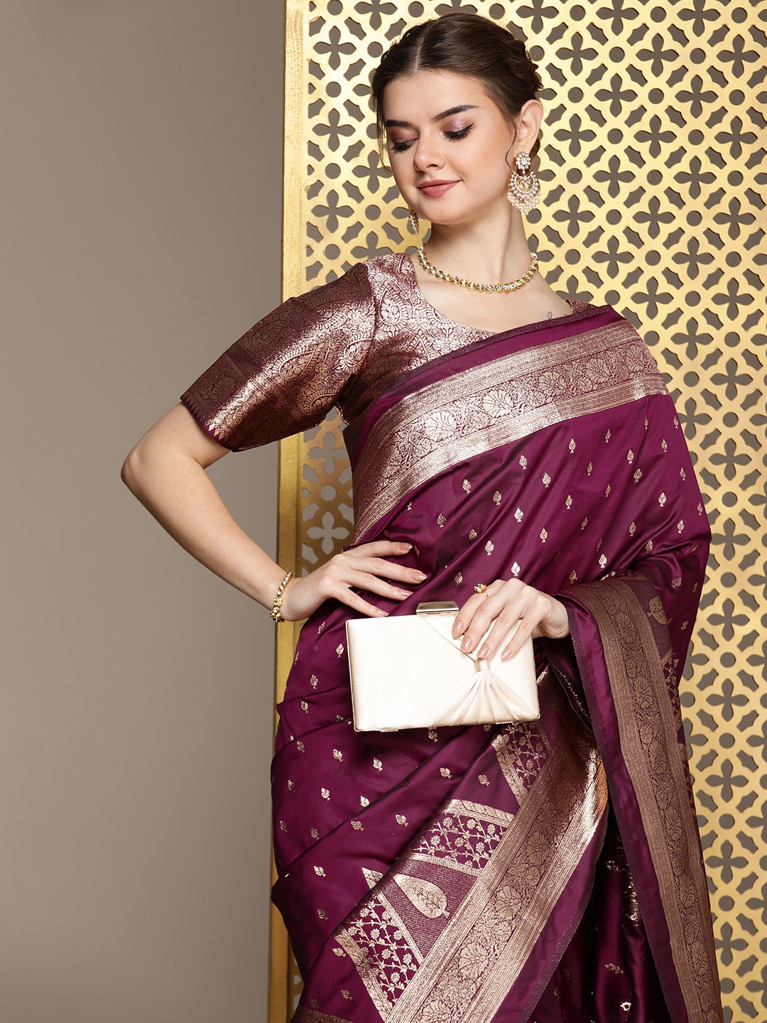 

House of Pataudi Ethnic Motifs Woven Design Zari Pure Silk Saree, Burgundy