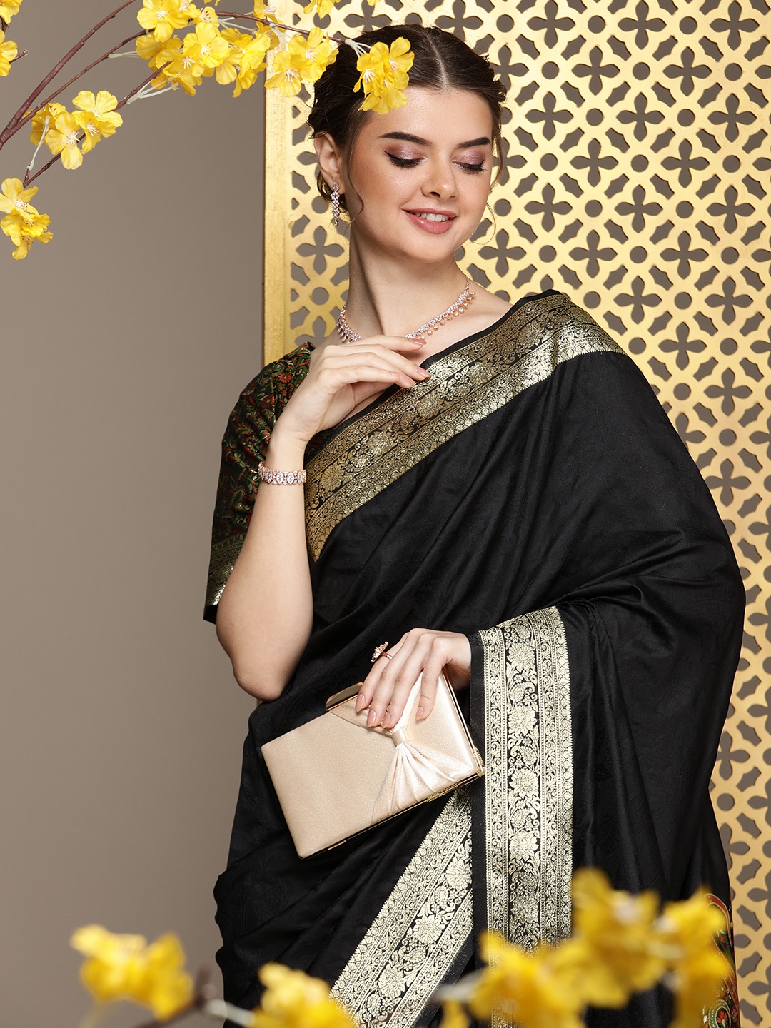 House of Pataudi Ethnic Motifs Woven Design Zari Saree, Black