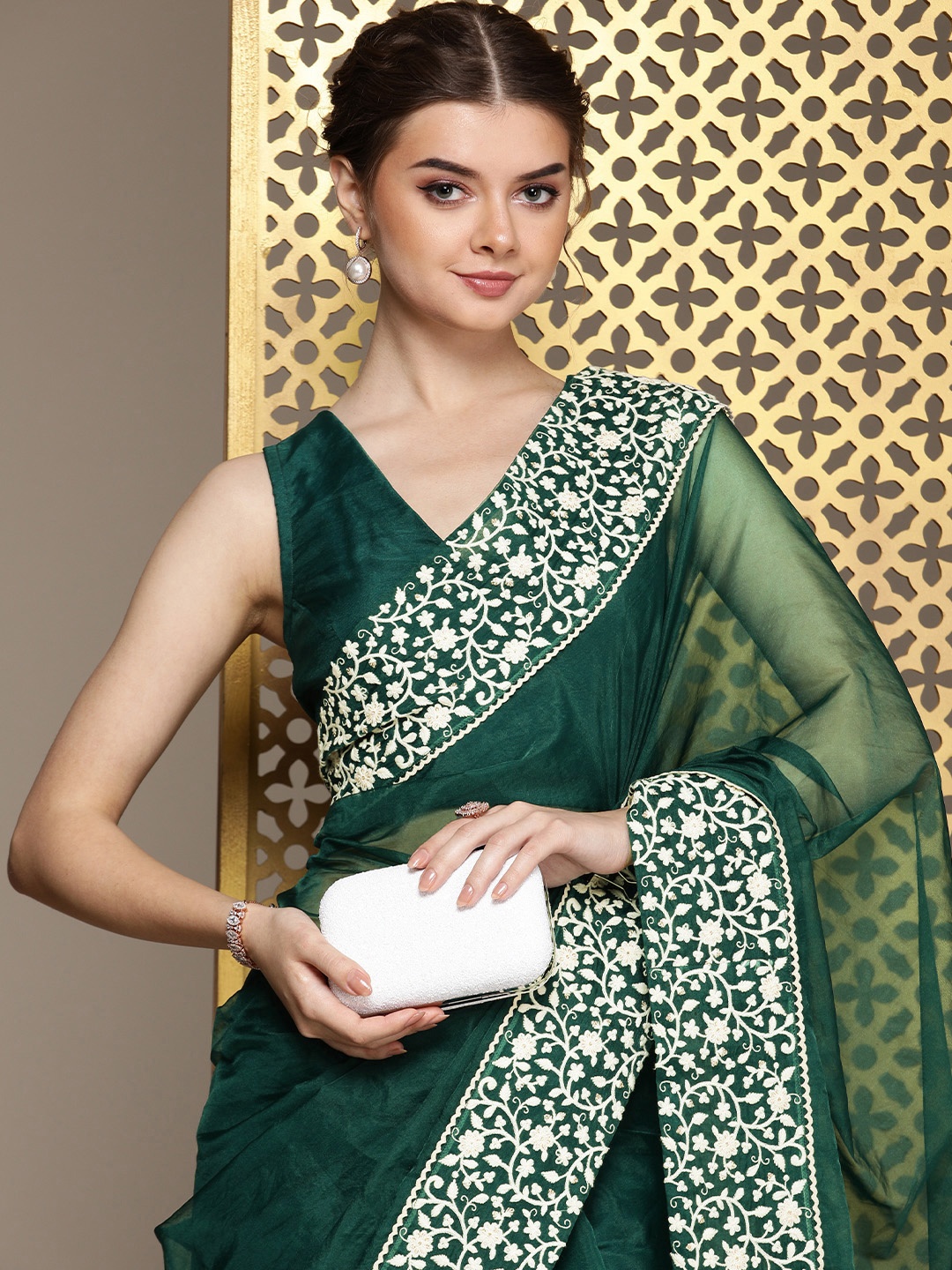 

House of Pataudi Embroidered Organza Saree, Green