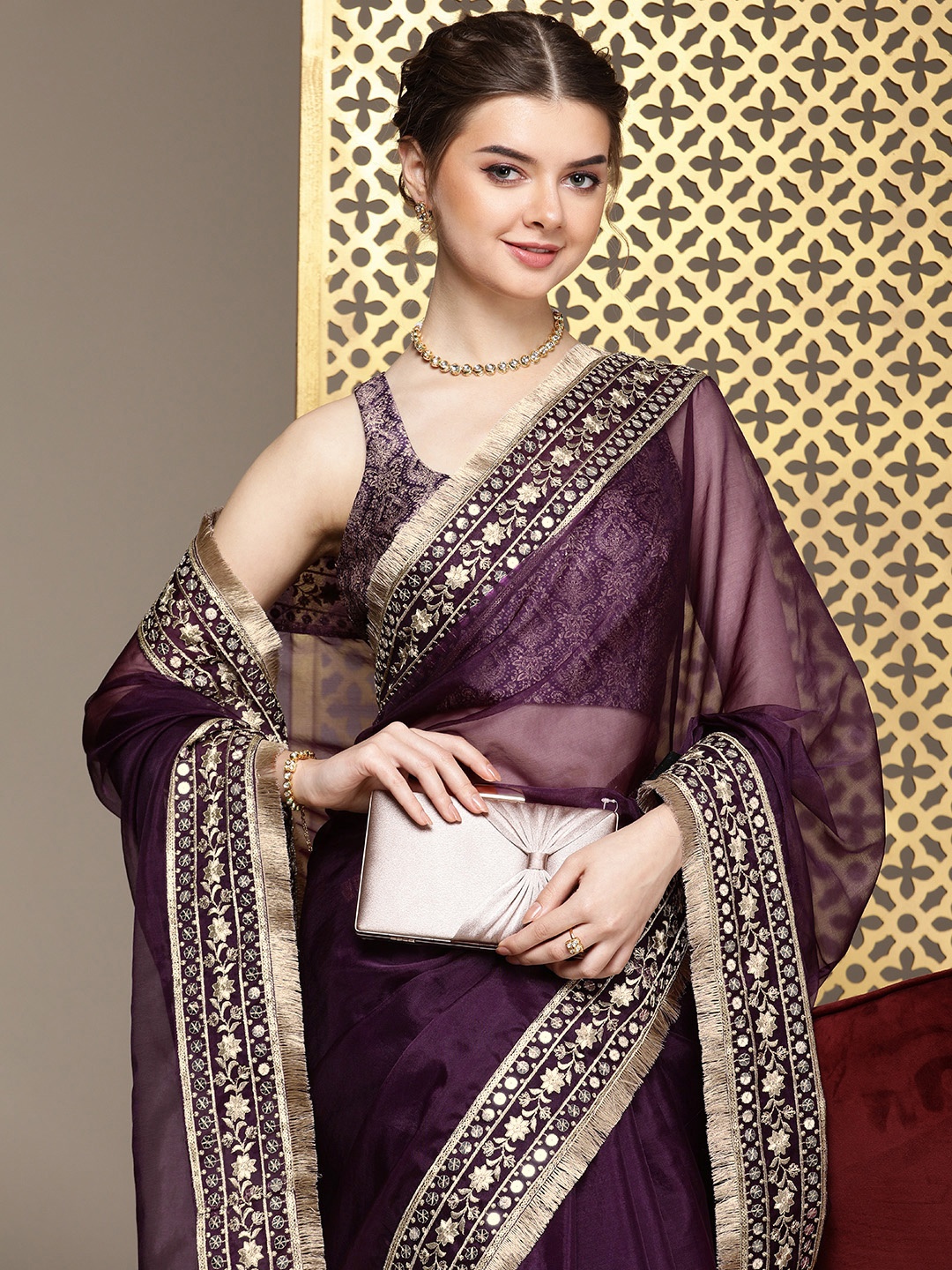 

House of Pataudi Embroidered Organza Saree, Burgundy