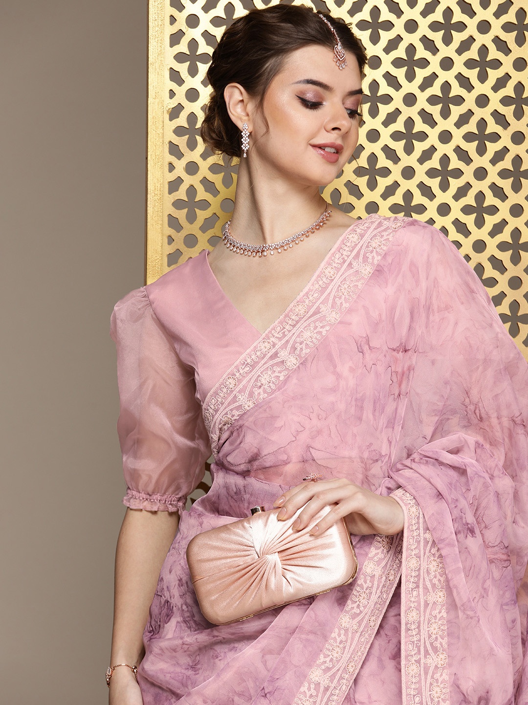 

House of Pataudi Embroidered Organza Saree, Pink