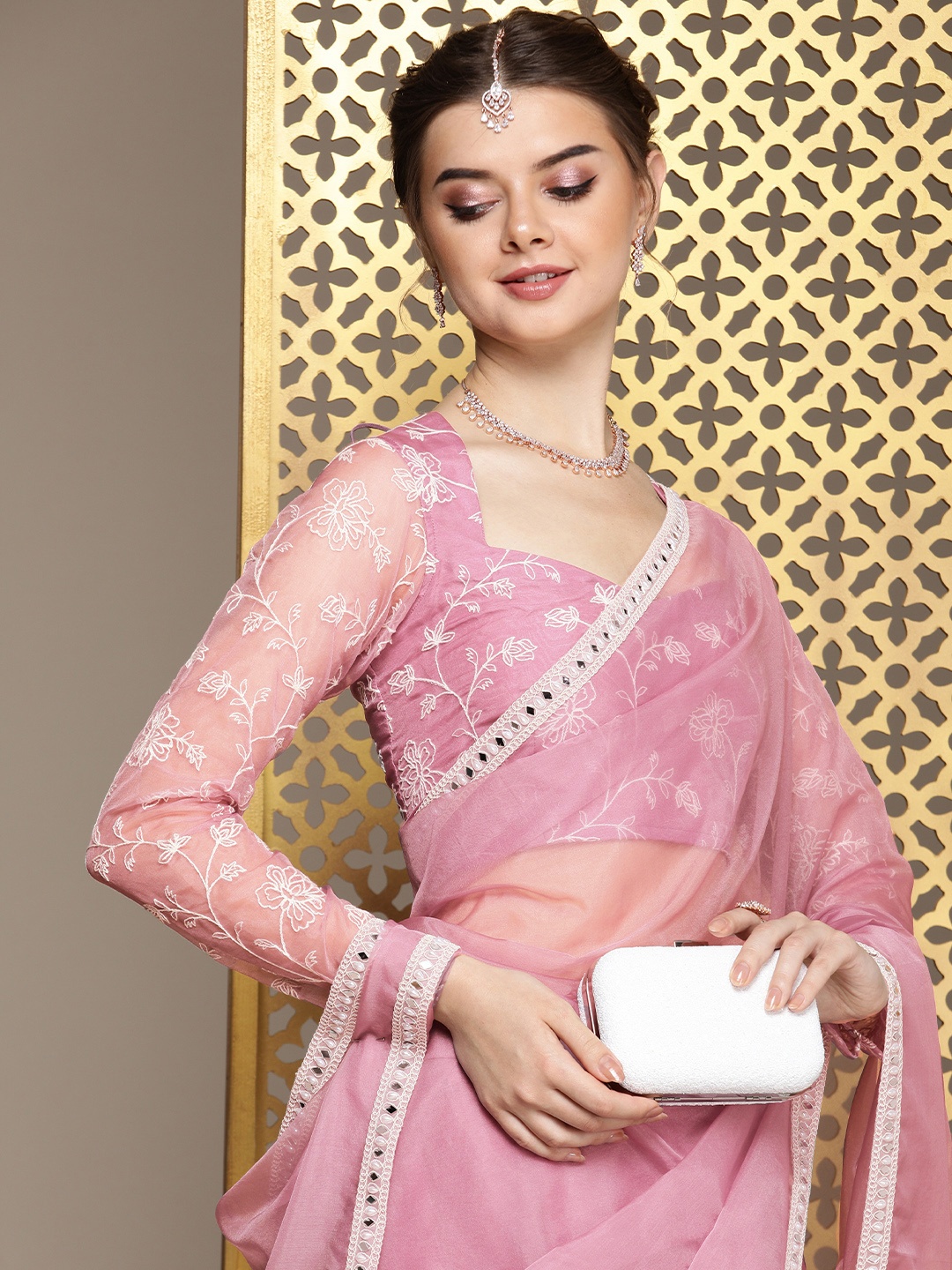 

House of Pataudi Embroidered Organza Saree, Lavender