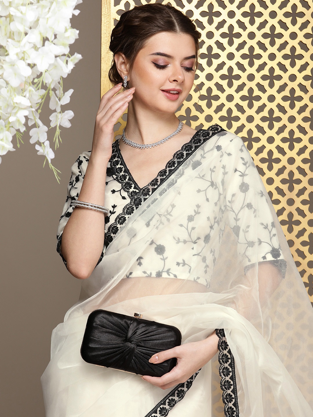 

House of Pataudi Embroidered Organza Saree, White