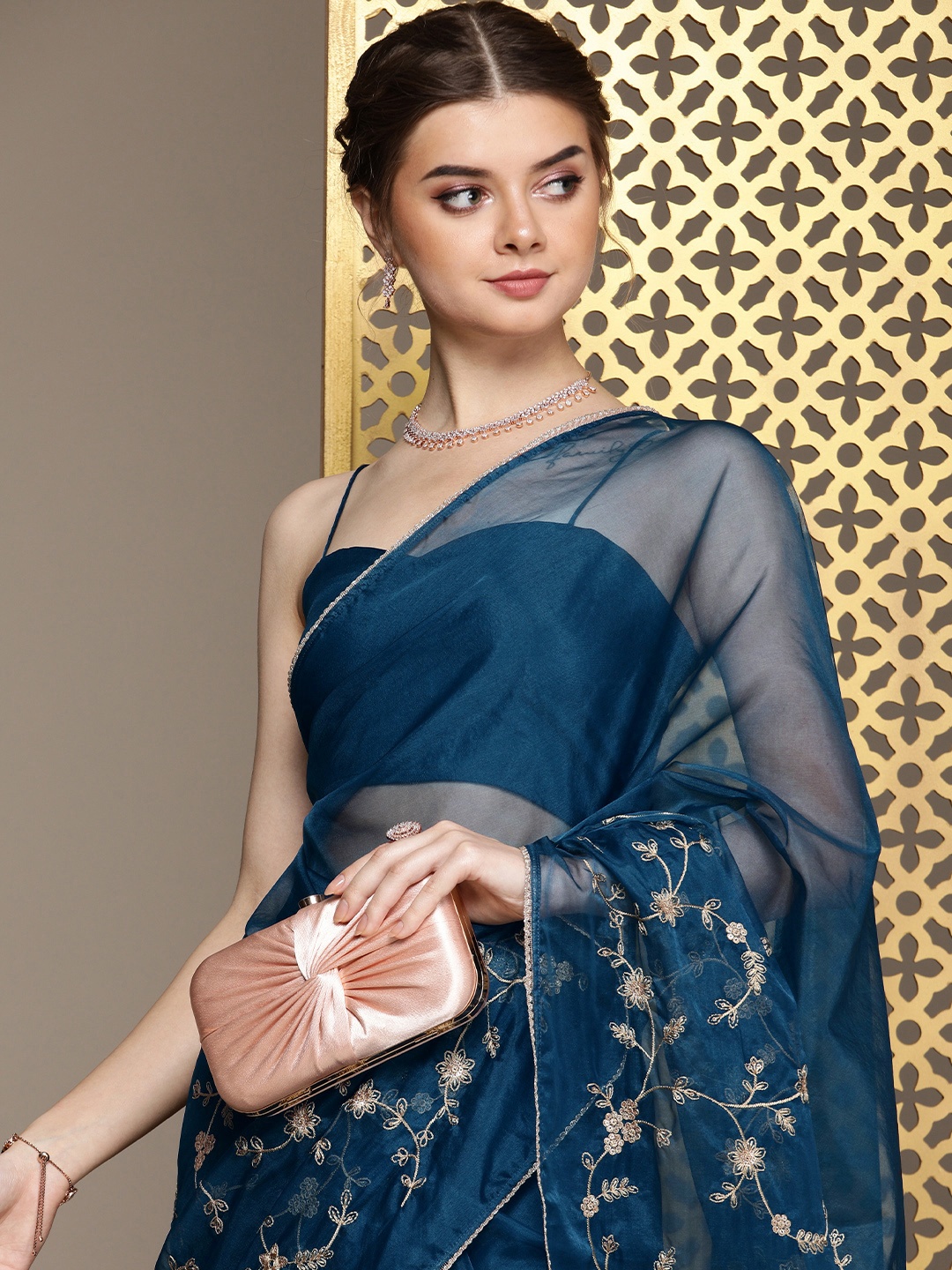House of Pataudi Floral Embroidered Sequinned Organza Saree, Blue