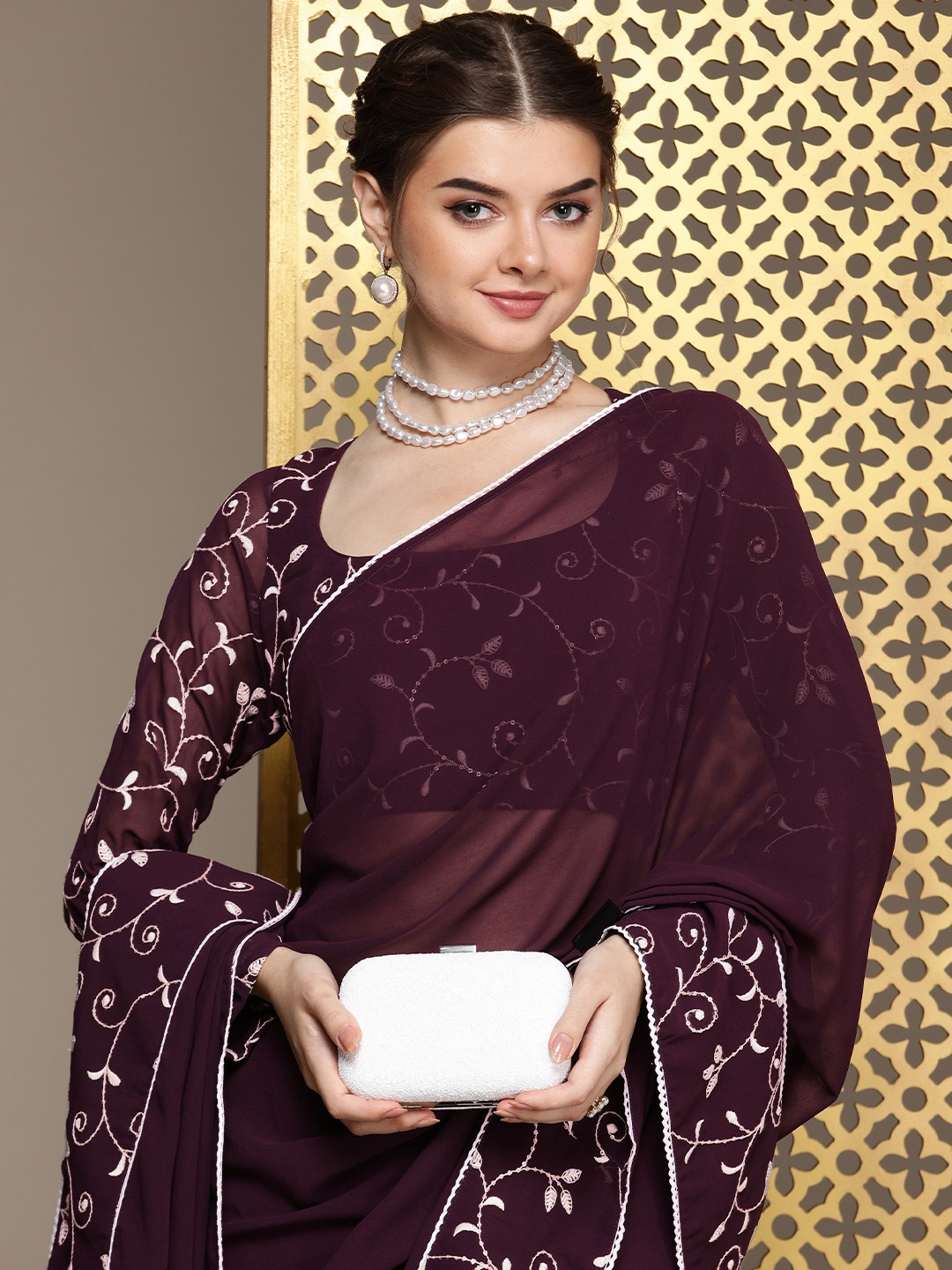 

House of Pataudi Embroidered Saree, Burgundy