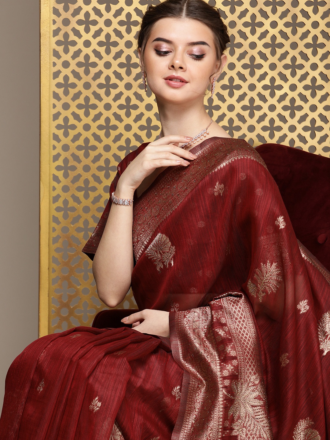 

House of Pataudi Ethnic Motifs Embellished Zari Saree, Maroon