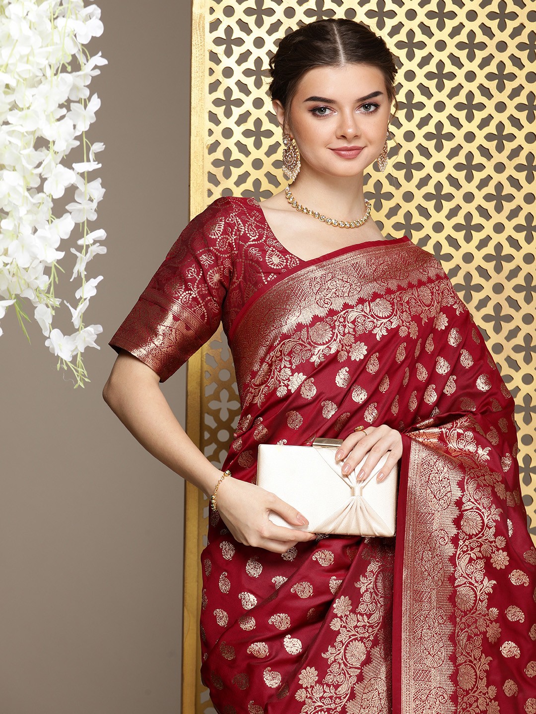 

House of Pataudi Ethnic Motifs Woven Design Zari Pure Silk Saree, Maroon