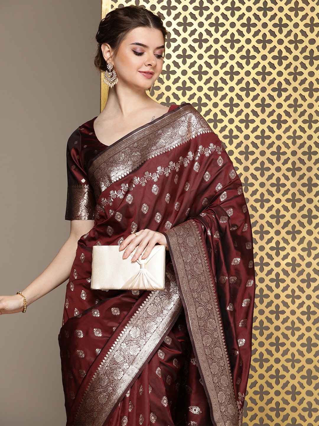 

House of Pataudi Ethnic Motifs Woven Design Zari Pure Silk Saree, Brown