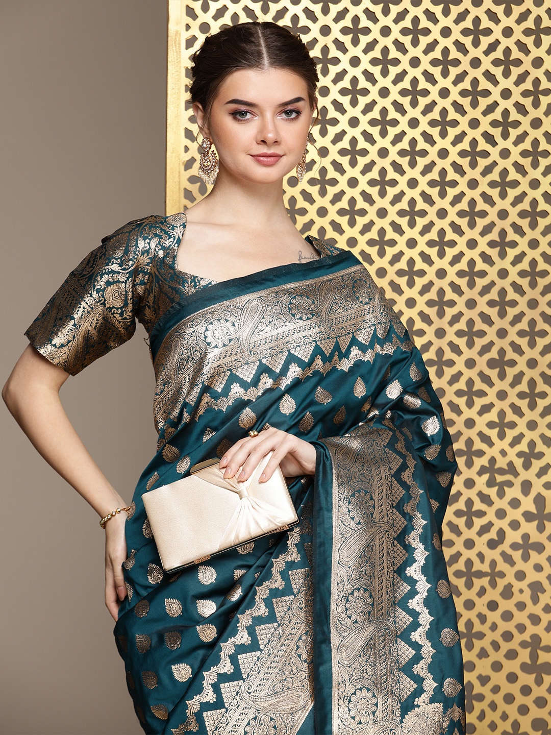 

House of Pataudi Ethnic Motifs Woven Design Zari Pure Silk Saree, Teal