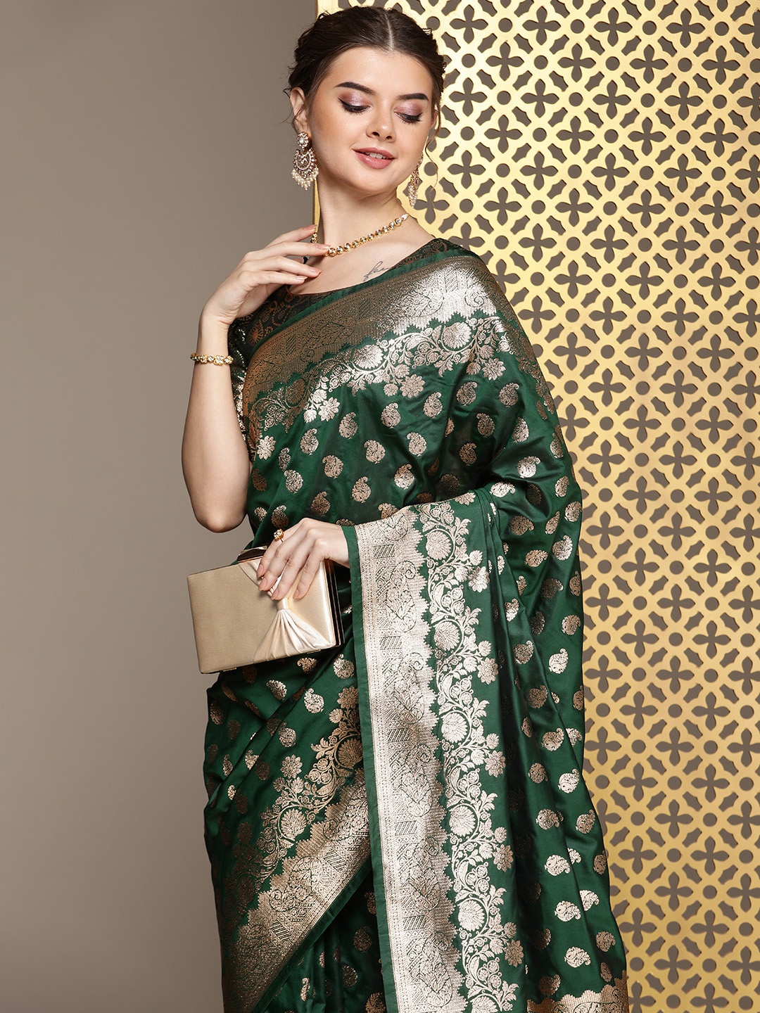 

House of Pataudi Paisley Woven Design Zari Pure Silk Saree, Green