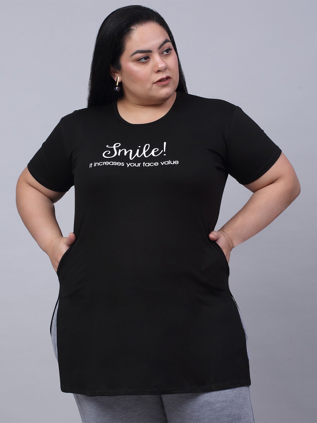 

Trend Level Plus Size Typography Printed Longline Pure Cotton T-shirt, Black