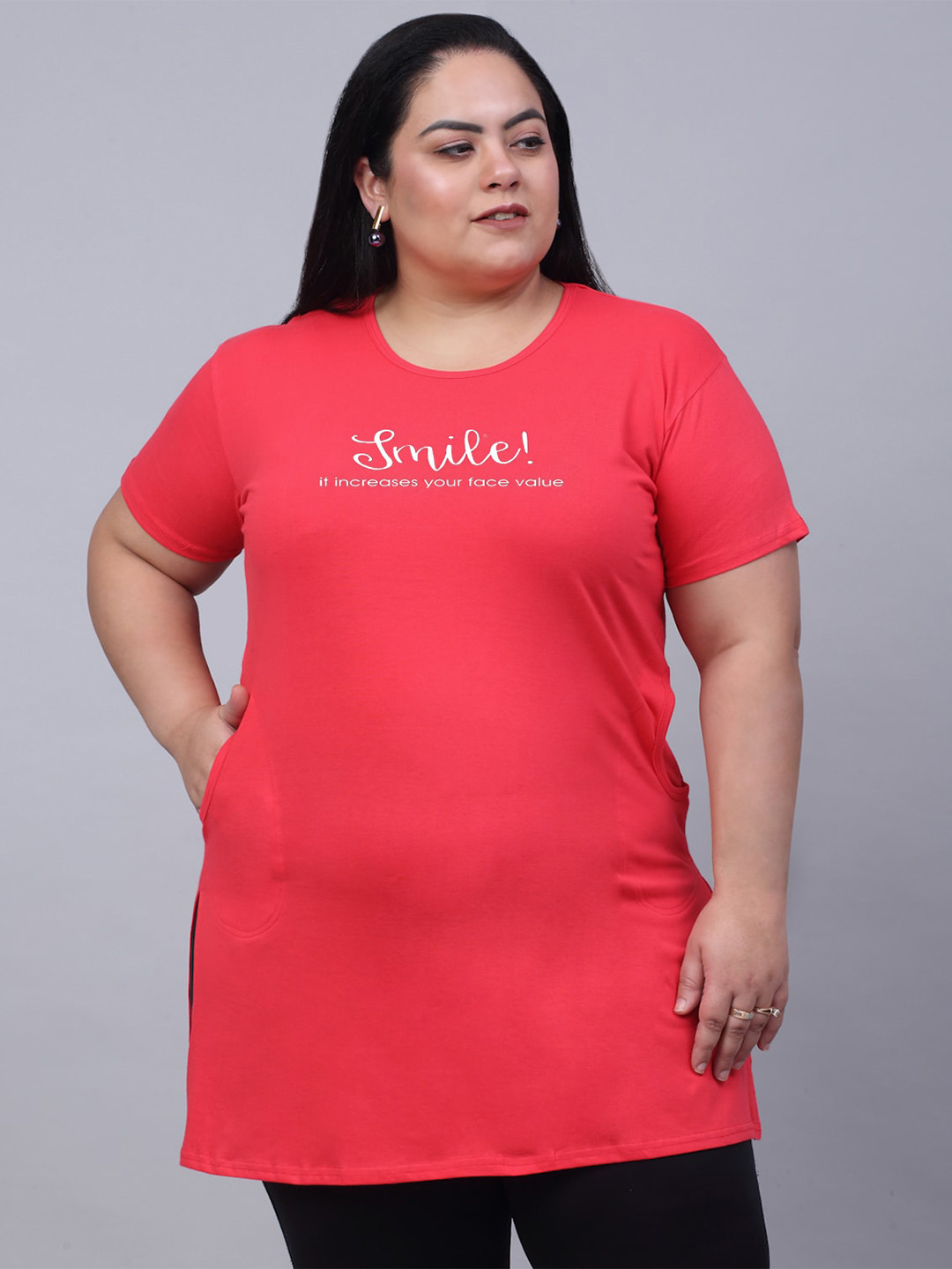

Trend Level Plus Size Typography Printed Longline Pure Cotton T-shirt, Peach