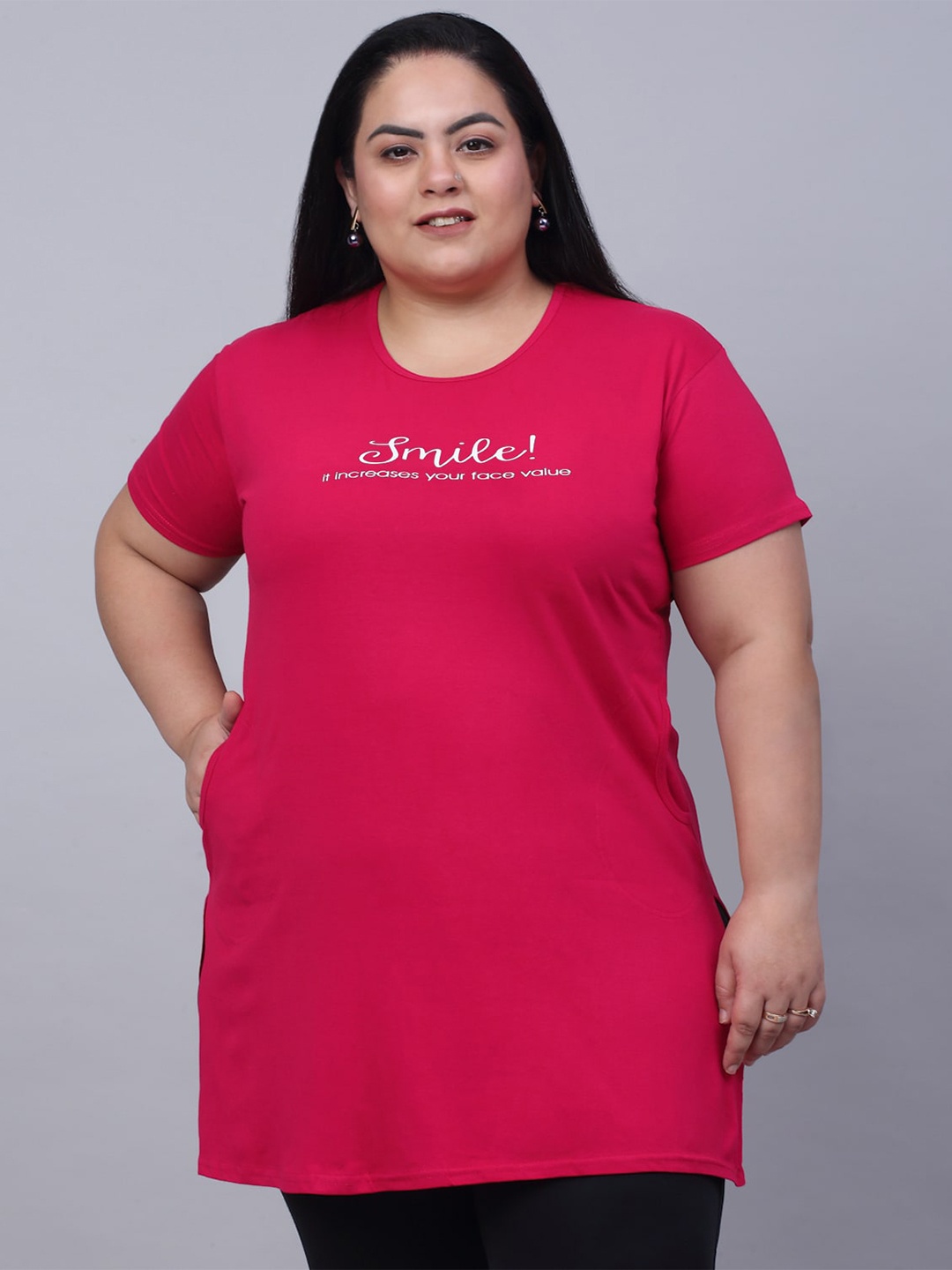 

Trend Level Plus Size Typography Printed Longline Pure Cotton T-shirt, Pink