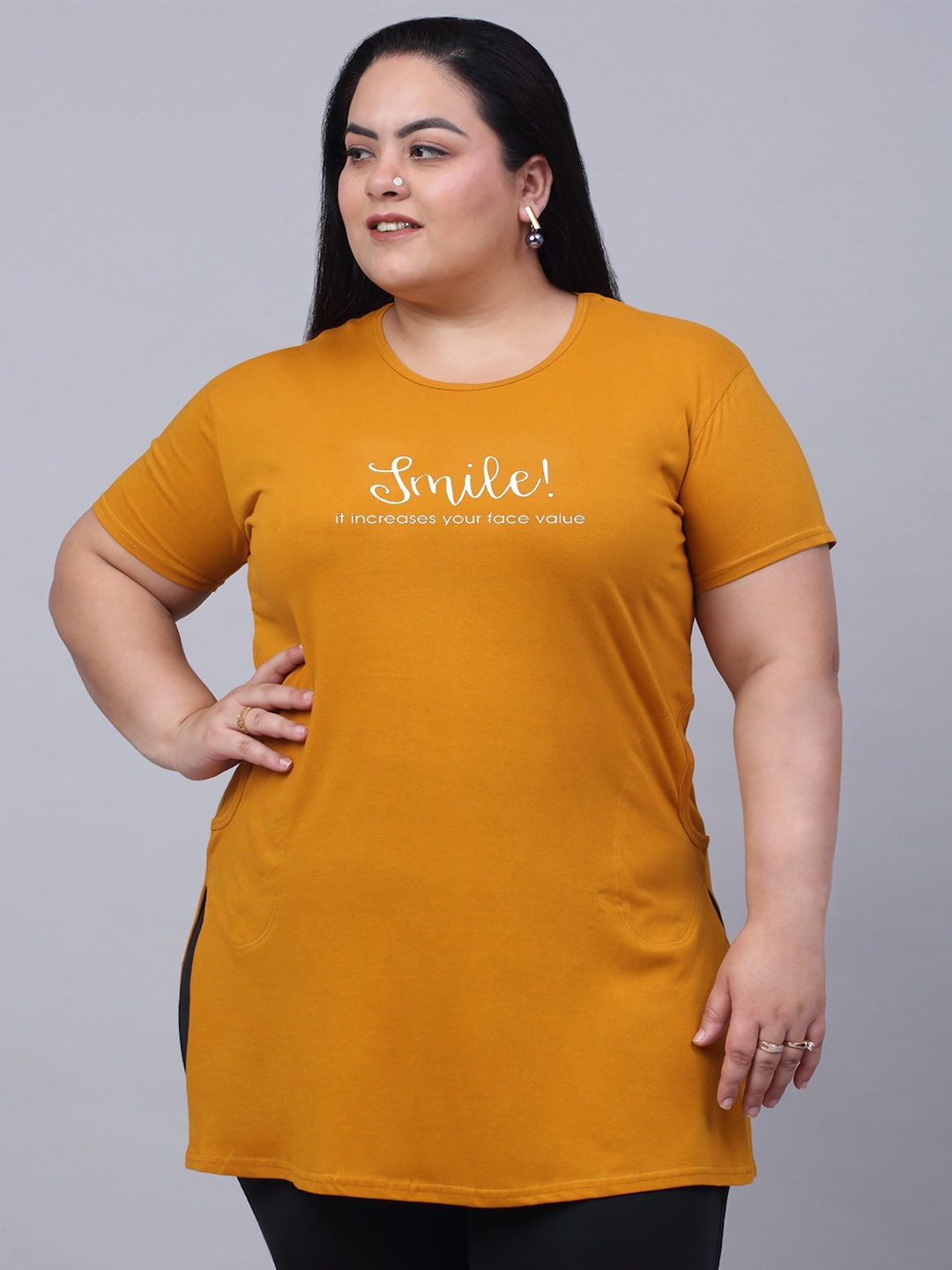 

Trend Level Plus Size Typography Printed Longline Pure Cotton T-shirt, Mustard