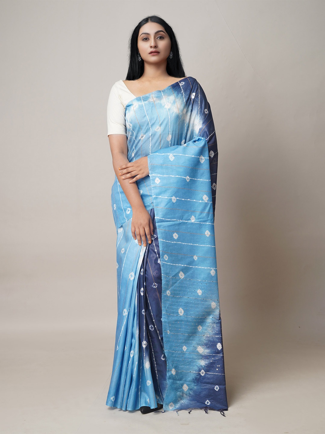 

Unnati Silks Sequinned Tie And Dye Shibori Silk Cotton Saree, Blue