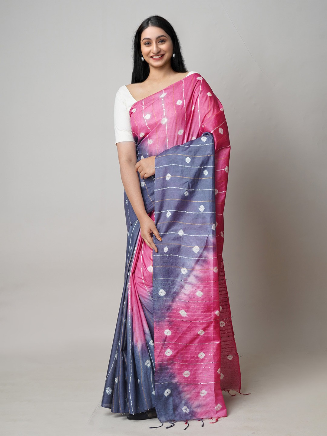 

Unnati Silks Grey & Pink Tie and Dye Silk Cotton Leheriya Saree