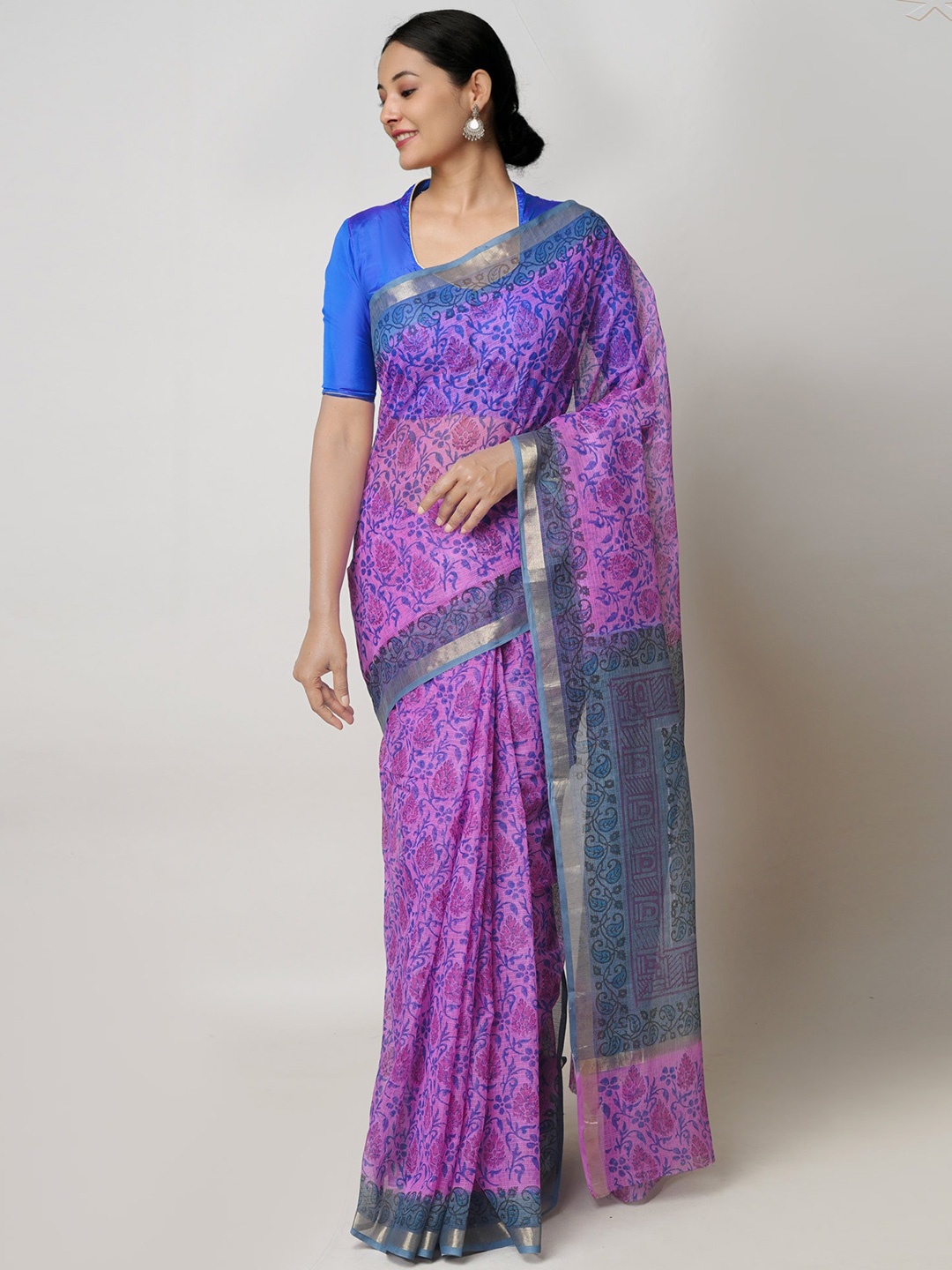 

Unnati Silks Floral Motifs Zari Pure Cotton Kota Saree, Pink