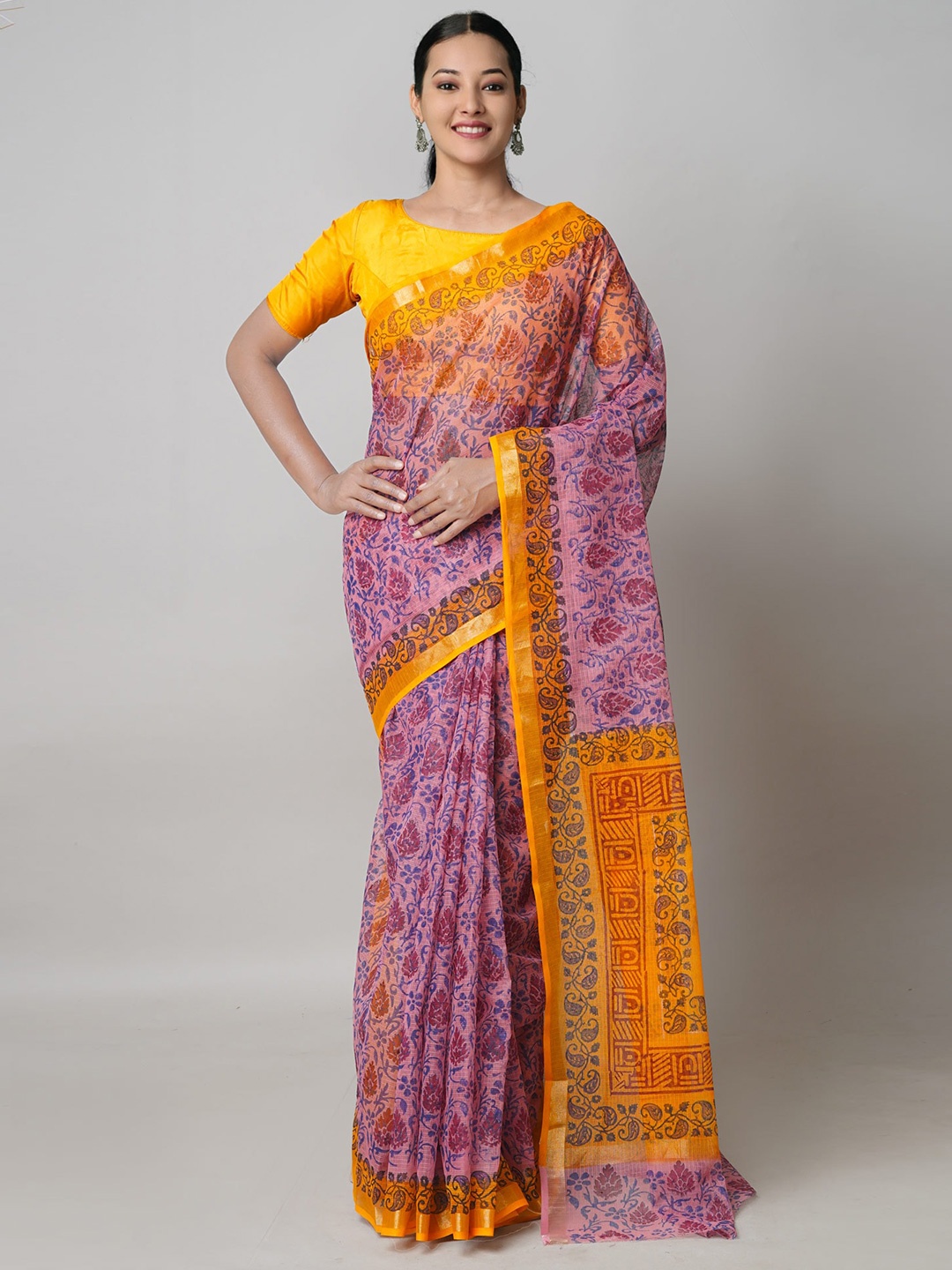 

Unnati Silks Floral Motifs Zari Pure Cotton Kota Saree, Peach