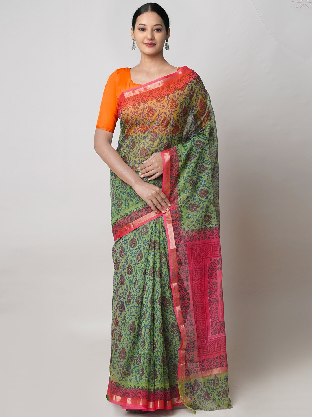 

Unnati Silks Ethnic Motifs Zari Pure Cotton Kota Saree, Green