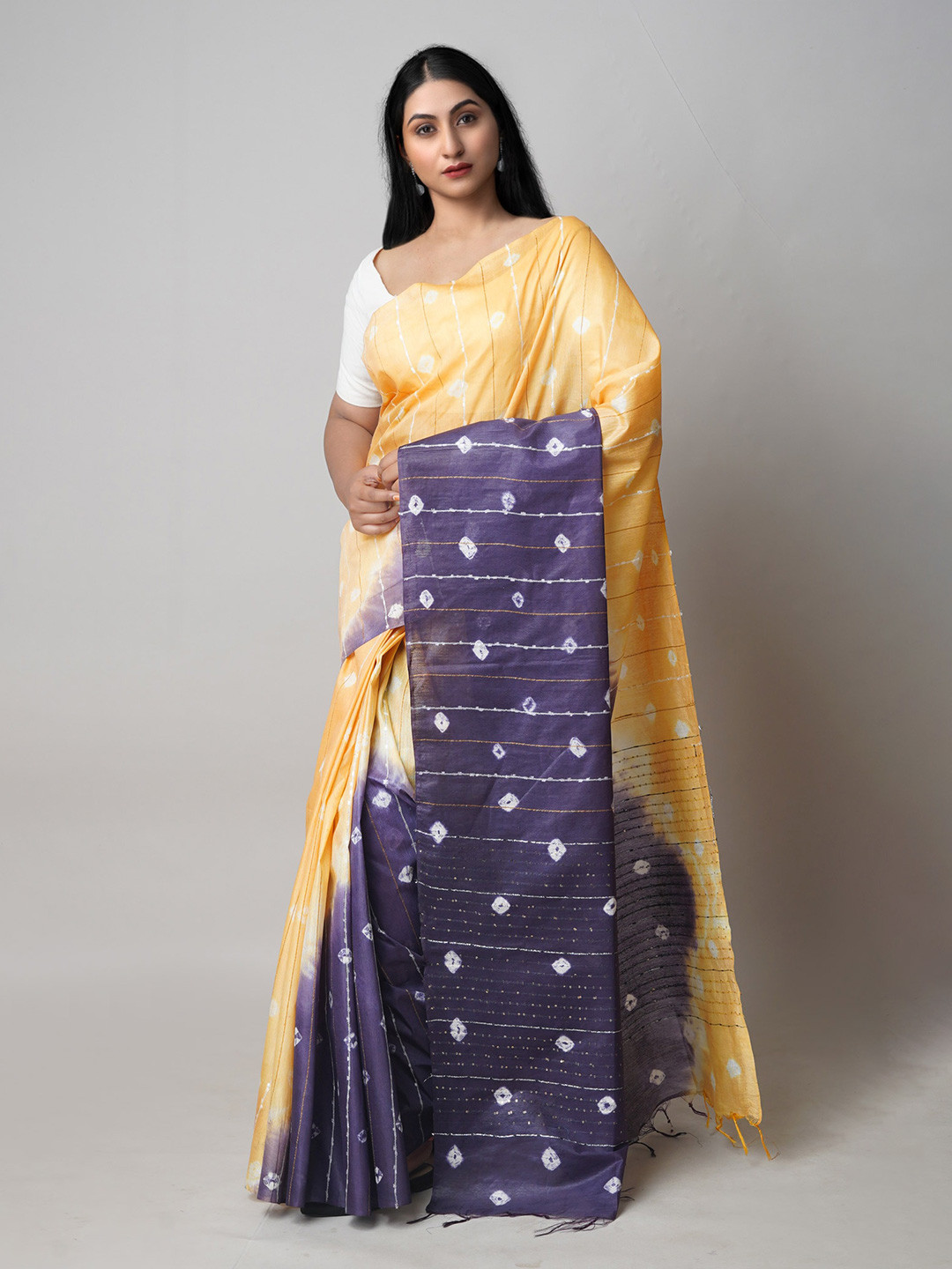 

Unnati Silks Purple & Yellow Tie and Dye Zari Silk Cotton Leheriya Saree