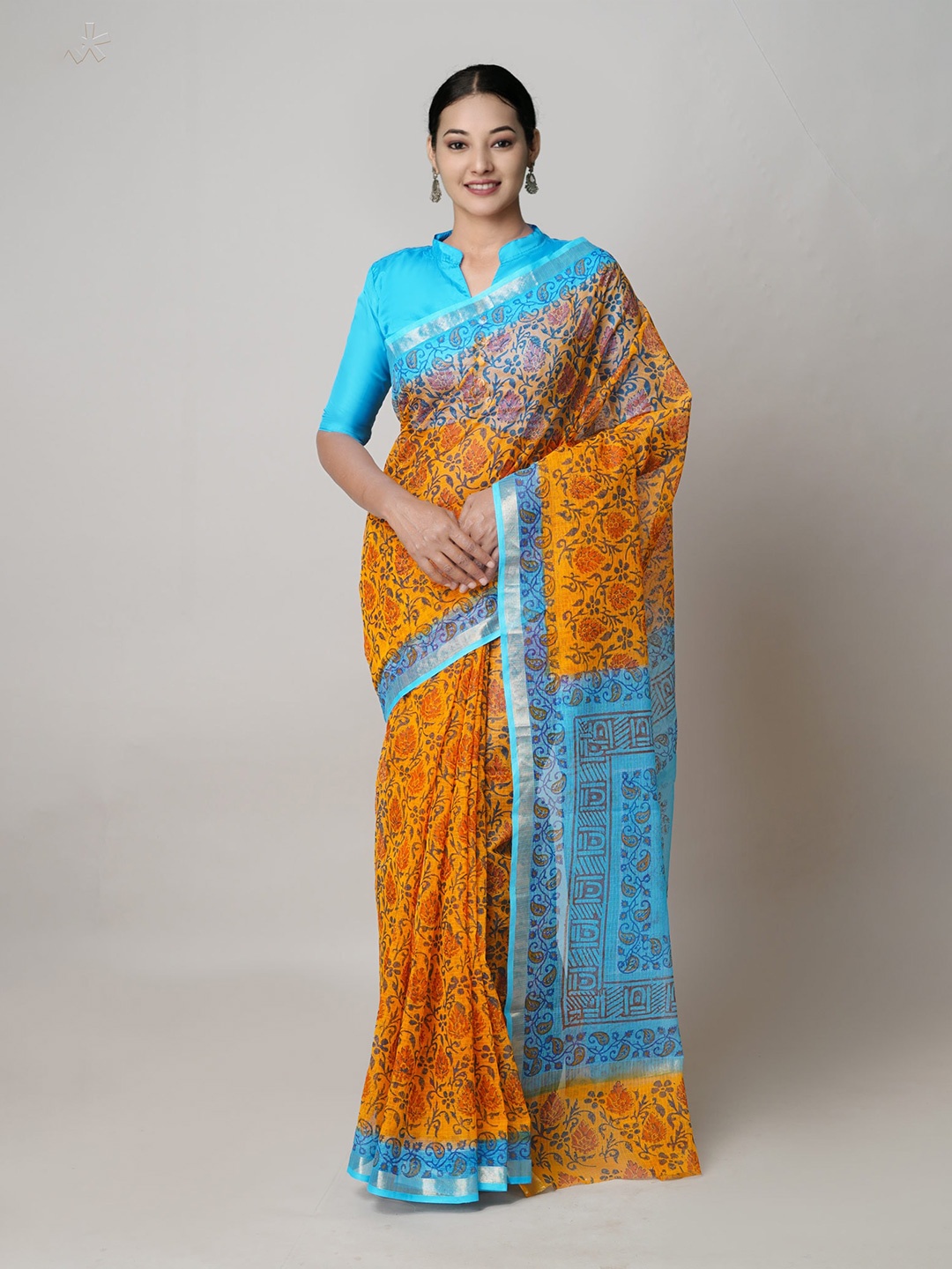 

Unnati Silks Floral Motifs Zari Pure Cotton Kota Saree, Orange