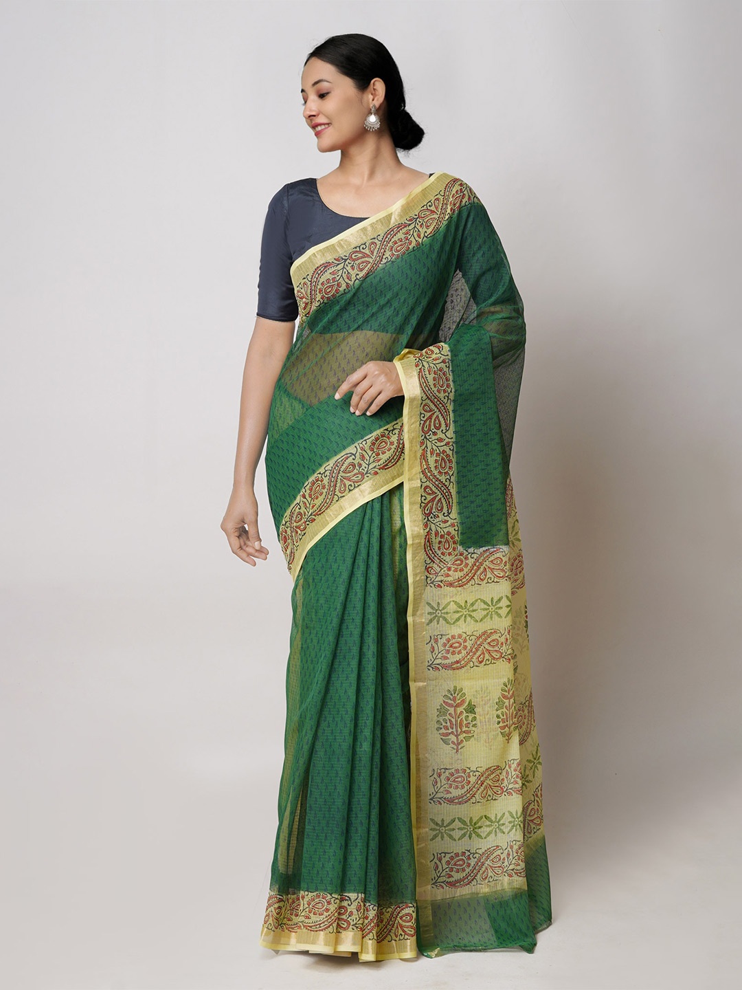 

Unnati Silks Green & Yellow Ethnic Motifs Printed Zari Pure Cotton Kota Saree