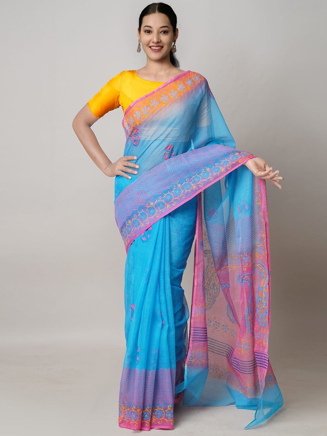 

Unnati Silks Blue & Pink Ethnic Motifs Printed Pure Cotton Kota Saree