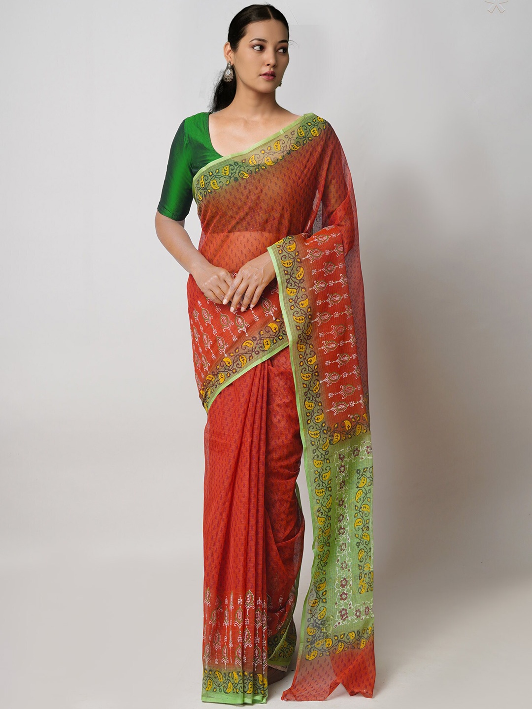 

Unnati Silks Brown & Green Ethnic Motifs Printed Pure Cotton Kota Saree