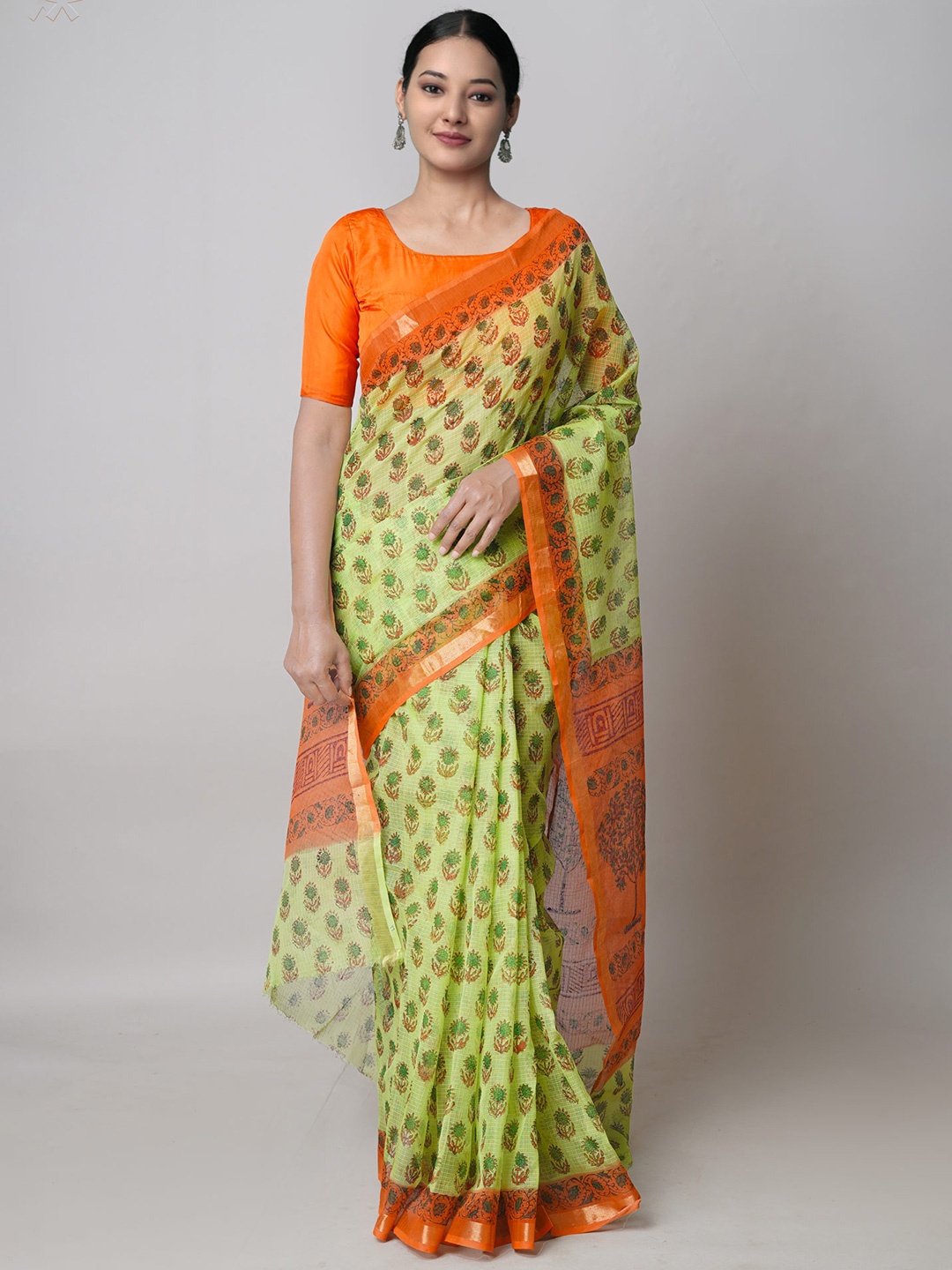 

Unnati Silks Green & Orange Ethnic Motifs Printed Zari Pure Cotton Kota Saree