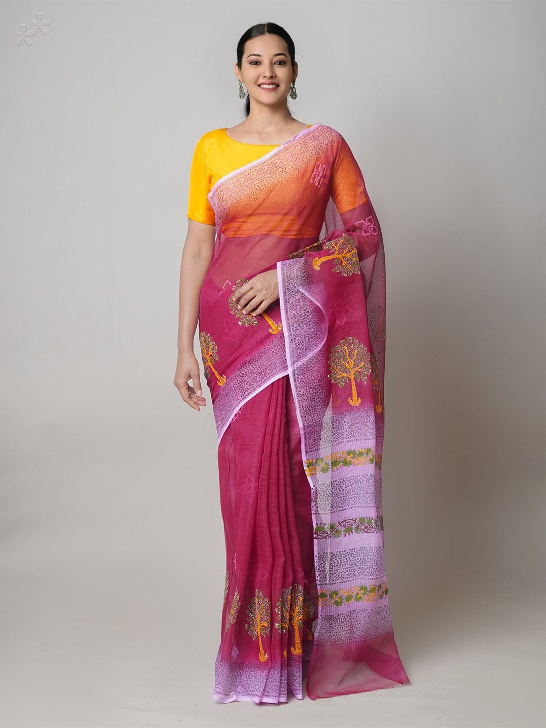 

Unnati Silks Burgundy & Green Ethnic Motifs Printed Pure Cotton Kota Saree