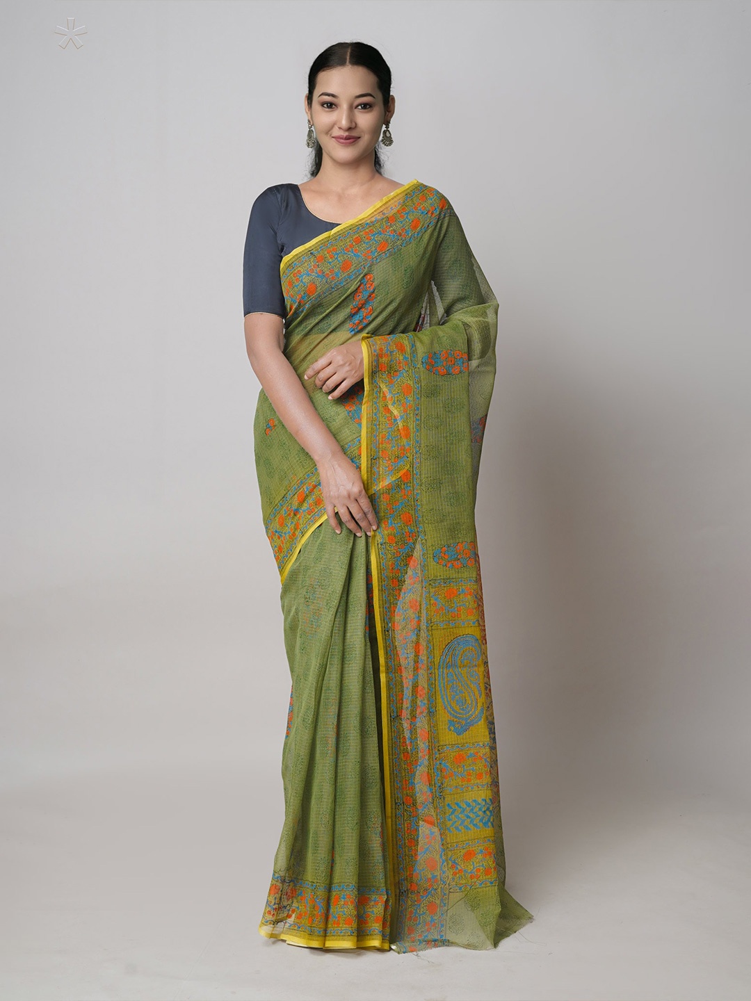 

Unnati Silks Green & Orange Ethnic Motifs Printed Pure Cotton Kota Saree