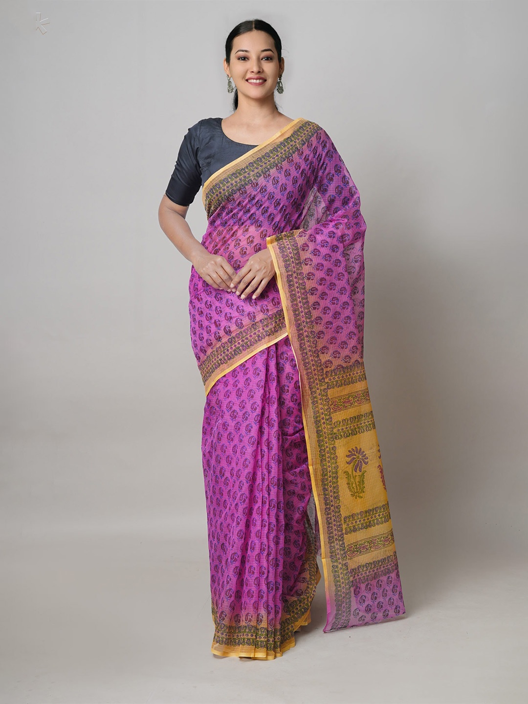 

Unnati Silks Pink & Yellow Ethnic Motifs Printed Pure Cotton Kota Saree